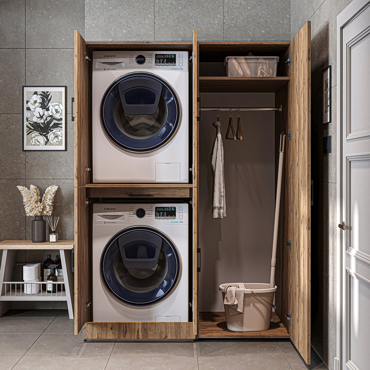 Armadio per lavatrice "DORA SET" per asciugatrice e lavatrice, larghezza 130 cm, in 4 colori, con ante e ripiano estraibile - bianco - rovere bianco - rovere antracite - rovere - armadio per lavatrice, scaffale per lavatrice, torre per lavatrice, armadio, bianco, lavatrice