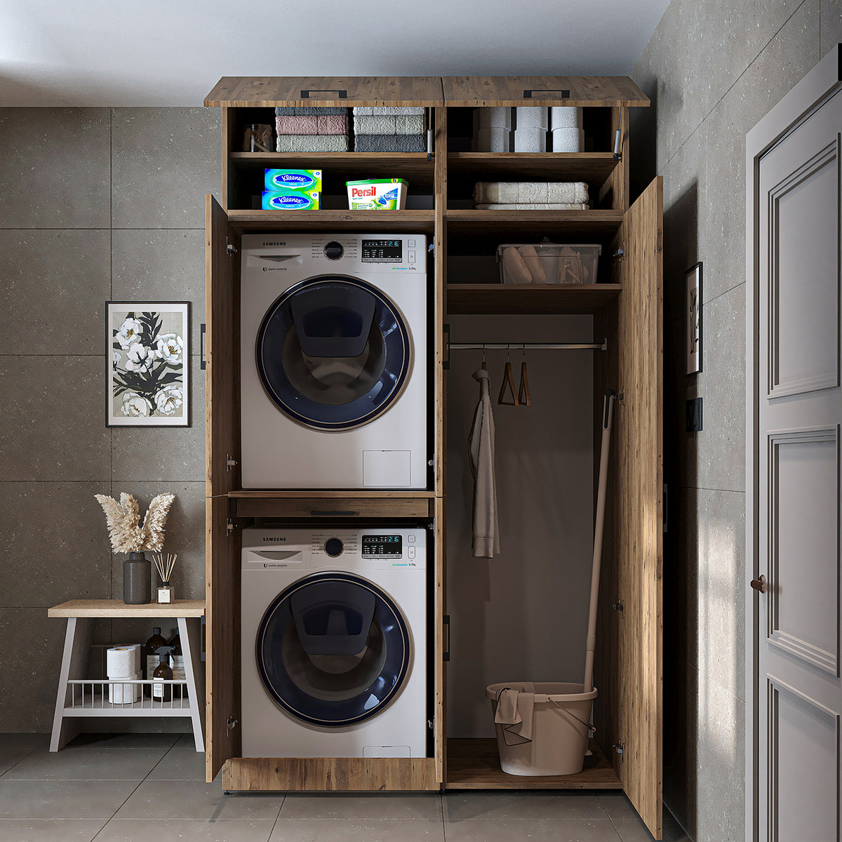 Armadio per lavatrice "DORA SET" per asciugatrice e lavatrice, larghezza 130 cm, in 4 colori, con ante e ripiano estraibile - bianco - rovere bianco - rovere antracite - rovere - armadio per lavatrice, scaffale per lavatrice, torre per lavatrice, armadio, bianco, lavatrice