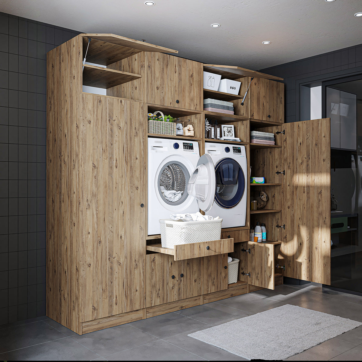 Roomart mueble de pared para lavadero - 254 cm de ancho - con estante extraíble - en - blanco - roble - roble negro - mueble de baño, lavabo, mueble de baño, mueble de baño, baño, con, mueble de baño, mueble de baño, conjunto, lavabo, mueble, ba