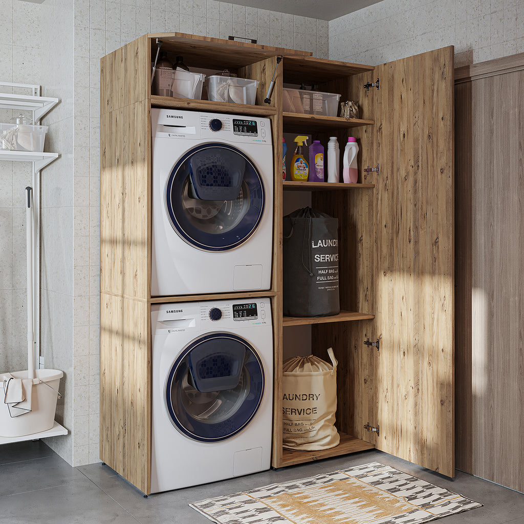 Roomart DUO Waschmaschinenschrank Trockner auf Waschmaschine • 127 cm breit • Weiß, Eiche Waschmaschinenschrank - waschmaschinenschrank, waschmaschinenregal, waschturm, schrank, weiß, waschmaschinen, unterschrank, waschmaschine, trockner, haushaltsschrank