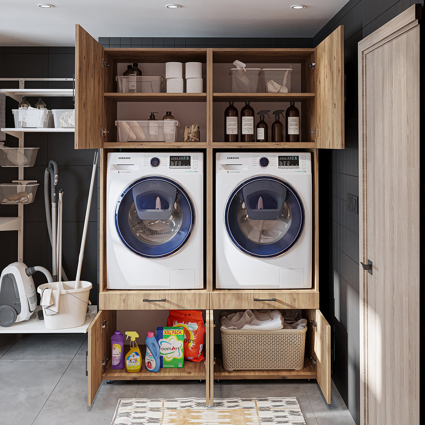 Roomart Waschmachinen Doppelschrrank Überbauschrank HBT: 205 x 134 x 66,8 cm, in 3 Farben-waschmaschinenschrank, waschmaschinenregal, waschturm, schrank, weiß, waschmaschinen, unterschrank, waschmaschine, trockner, haushaltsschrank, schränke, badschrank,