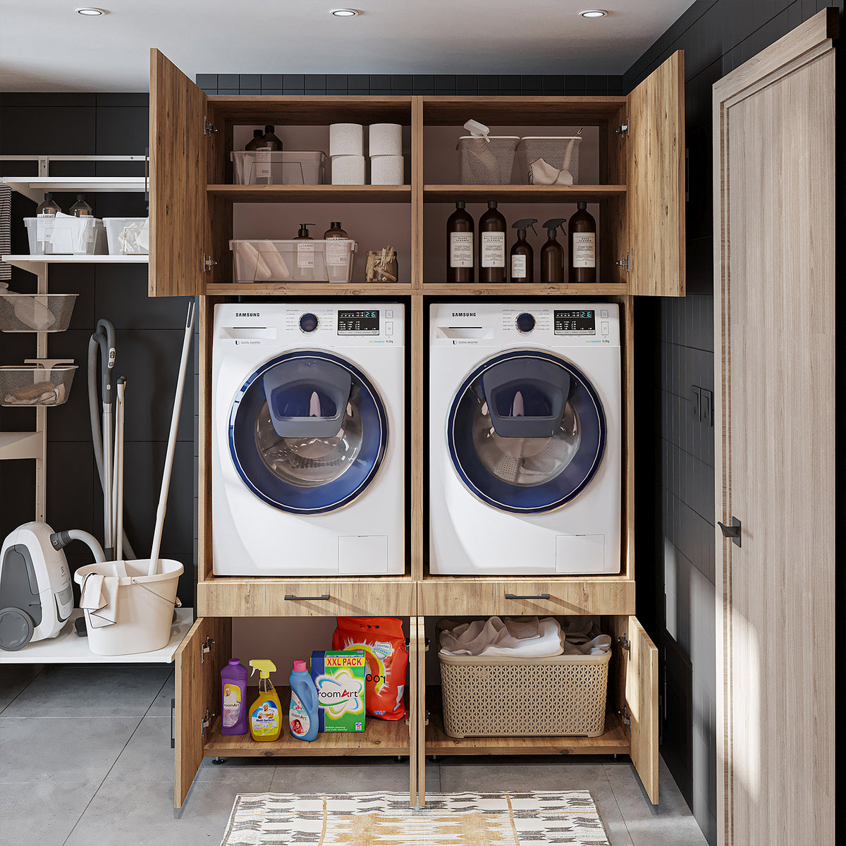 Roomart Waschmachinen Doppelschrrank Überbauschrank HBT: 205 x 134 x 66,8 cm, in 3 Farben-waschmaschinenschrank, waschmaschinenregal, waschturm, schrank, weiß, waschmaschinen, unterschrank, waschmaschine, trockner, haushaltsschrank, schränke, badschrank,