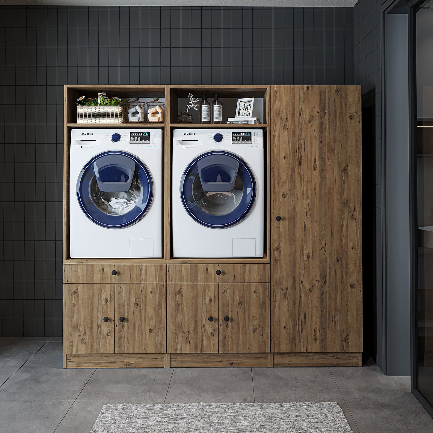 Roomart Schrankwand für Waschküche & Hauswirtschaftsraum, in 3 Farben, Mit Ausziehbrett • Weiß • Schwarz eiche - waschmaschinenschrank, waschmaschinenregal, waschturm, schrank, weiß, waschmaschinen, unterschrank, waschmaschine, trockner, haushaltsschrank,