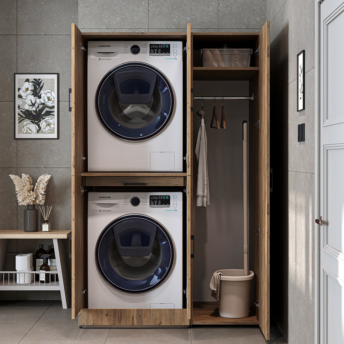 Armadio per lavatrice "DORA SET" per asciugatrice e lavatrice, larghezza 115 cm, in 4 colori, con ante e ripiano estraibile - bianco - rovere bianco - rovere antracite - rovere - armadio per lavatrice, scaffale per lavatrice, torre per lavatrice, armadio, bianco, lavatrice