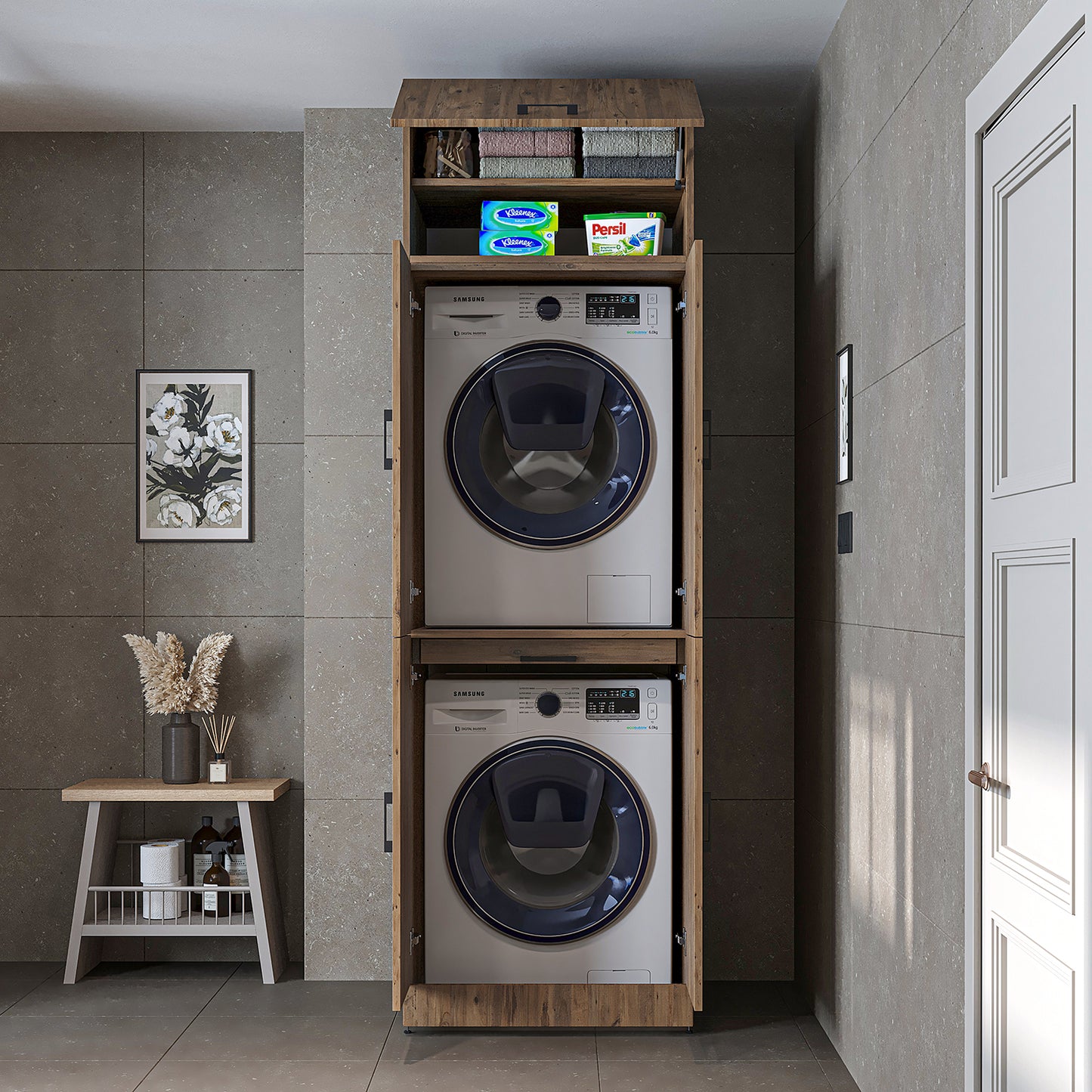 Roomart Waschmaschinenschrank " DORA " für Trockner & Waschmaschine, in 4 Farben, mit Türen & Ausziehbrett • Weiß • Weiß Eiche • Anthrazit Eiche • Eiche - waschmaschinenschrank, waschmaschinenregal, waschturm, schrank, weiß, waschmaschinen, unterschrank,