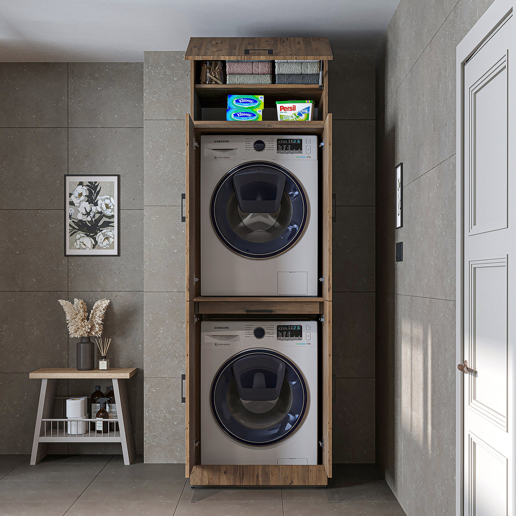 Roomart washing machine cabinet " DORA " for dryer & washing machine, in 4 colors, with doors & pull-out shelf - white - white oak - anthracite oak - oak - washing machine cabinet, washing machine shelf, washing tower, cabinet, white, washing machines, base cabinet,