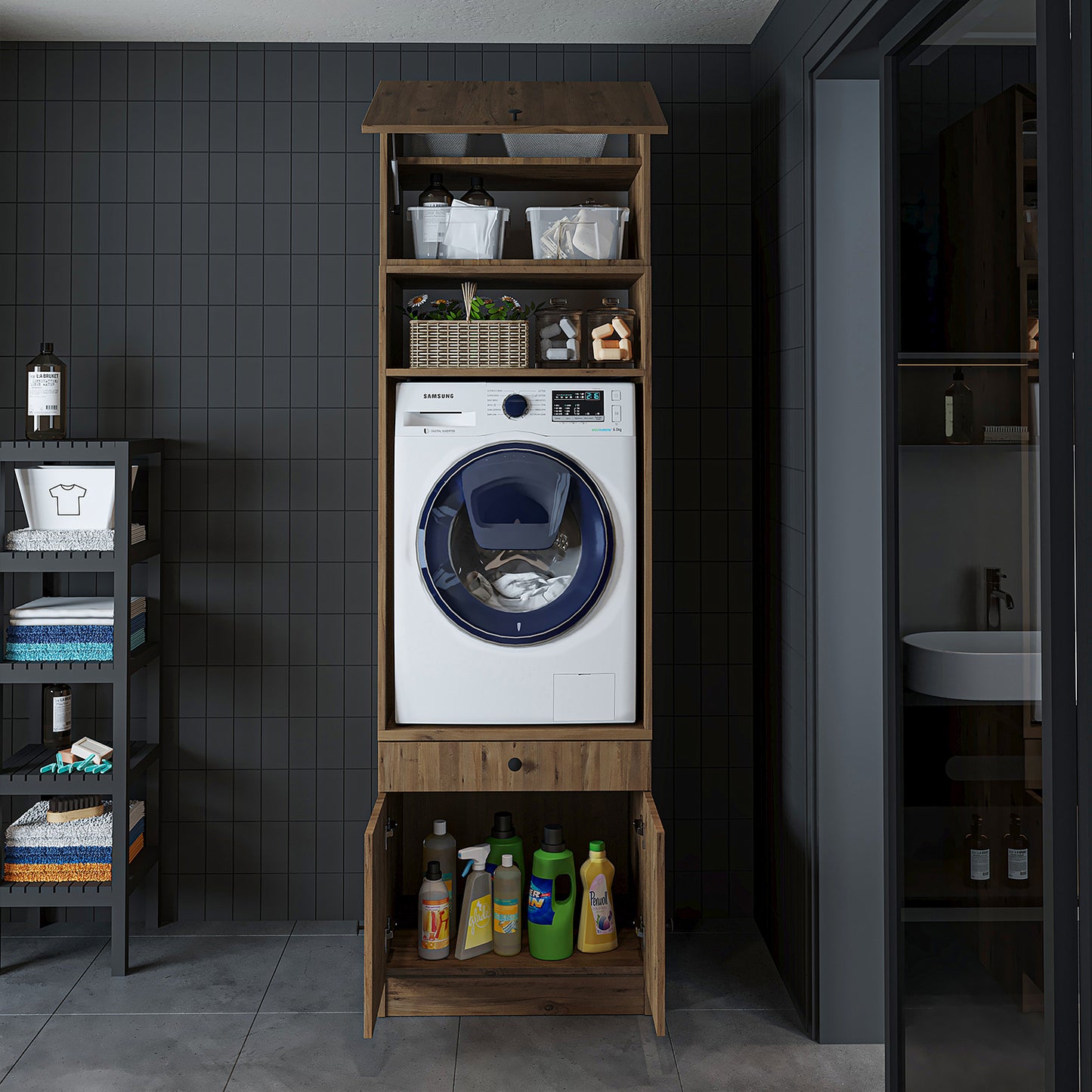 Roomart Armario para lavadora con estante extraíble - Blanco - Roble - Roble negro - armario para lavadora, estante para lavadora, torre de lavado, armario, blanco, lavadoras, armario bajo, lavadora, secadora, armario doméstico, armarios, armario de baño, armario alto