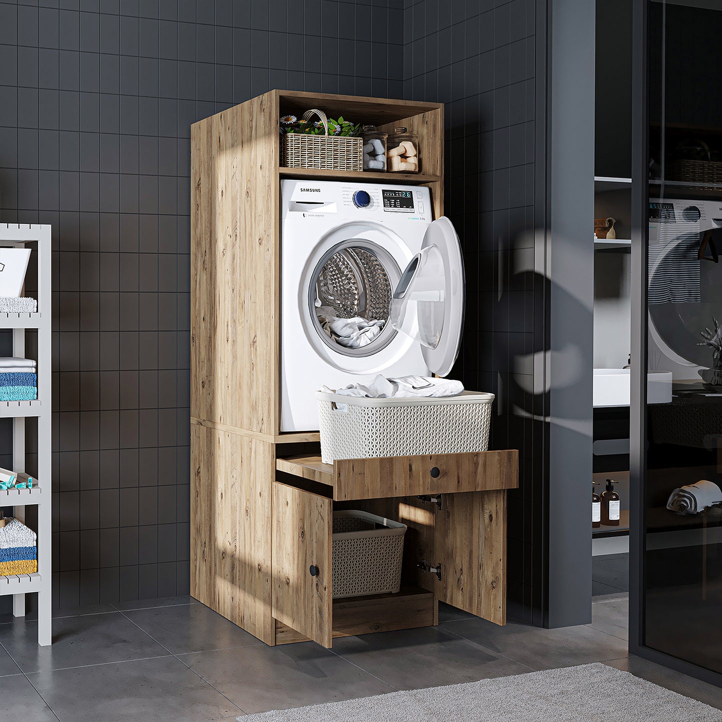 Roomart Armario para lavadora con estante extraíble - Blanco - Roble - Roble negro - armario para lavadora, estante para lavadora, torre de lavado, armario, blanco, lavadoras, armario bajo, lavadora, secadora, armario doméstico, armarios, armario de baño, armario alto