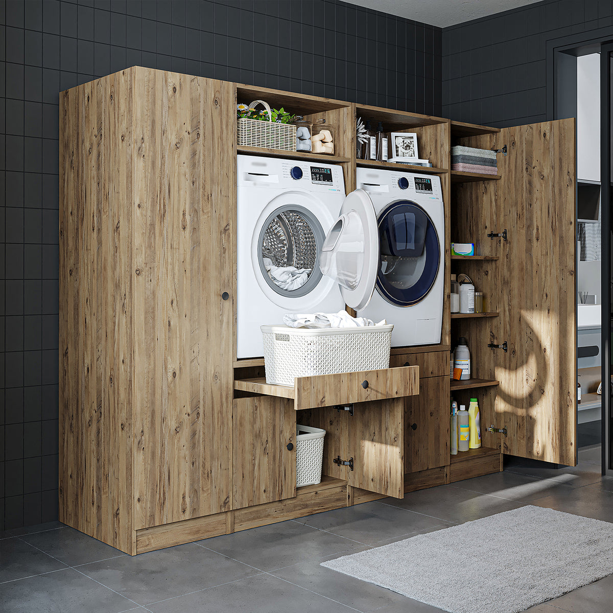 Ver detalles de Roomart Armario para lavadora y mueble alto para lavadero y cuarto de servicio - 224 cm de ancho - con práctico estante extraíble - disponible en blanco, roble o roble negro Roomart Armario para lavadora y mueble alto para lavadero y cuarto de servicio - 224 cm de ancho - con práctico estante extraíble - disponible en blanco, roble o roble negro