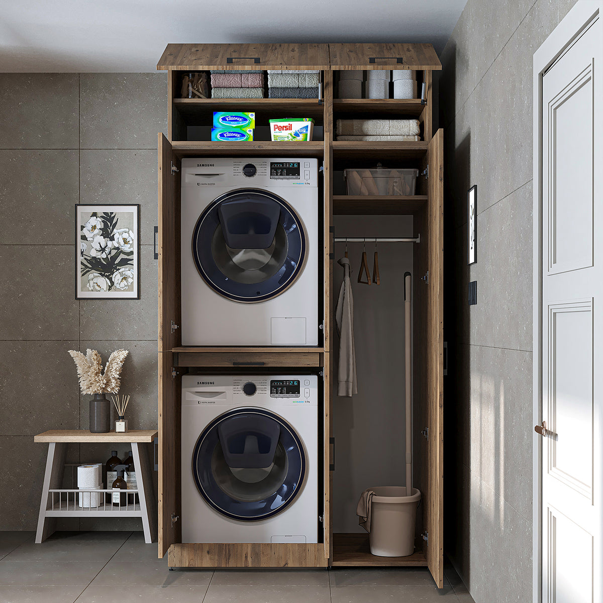 Armadio per lavatrice "DORA SET" per asciugatrice e lavatrice, larghezza 115 cm, in 4 colori, con ante e ripiano estraibile - bianco - rovere bianco - rovere antracite - rovere - armadio per lavatrice, scaffale per lavatrice, torre per lavatrice, armadio, bianco, lavatrice