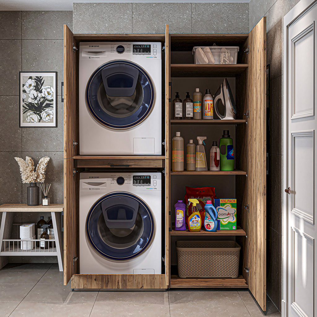 Roomart washing machine cabinet " DORA SET" for dryer & washing machine, 130 cm wide, in 4 colors, with doors & pull-out shelf - white - white oak - anthracite oak - oak