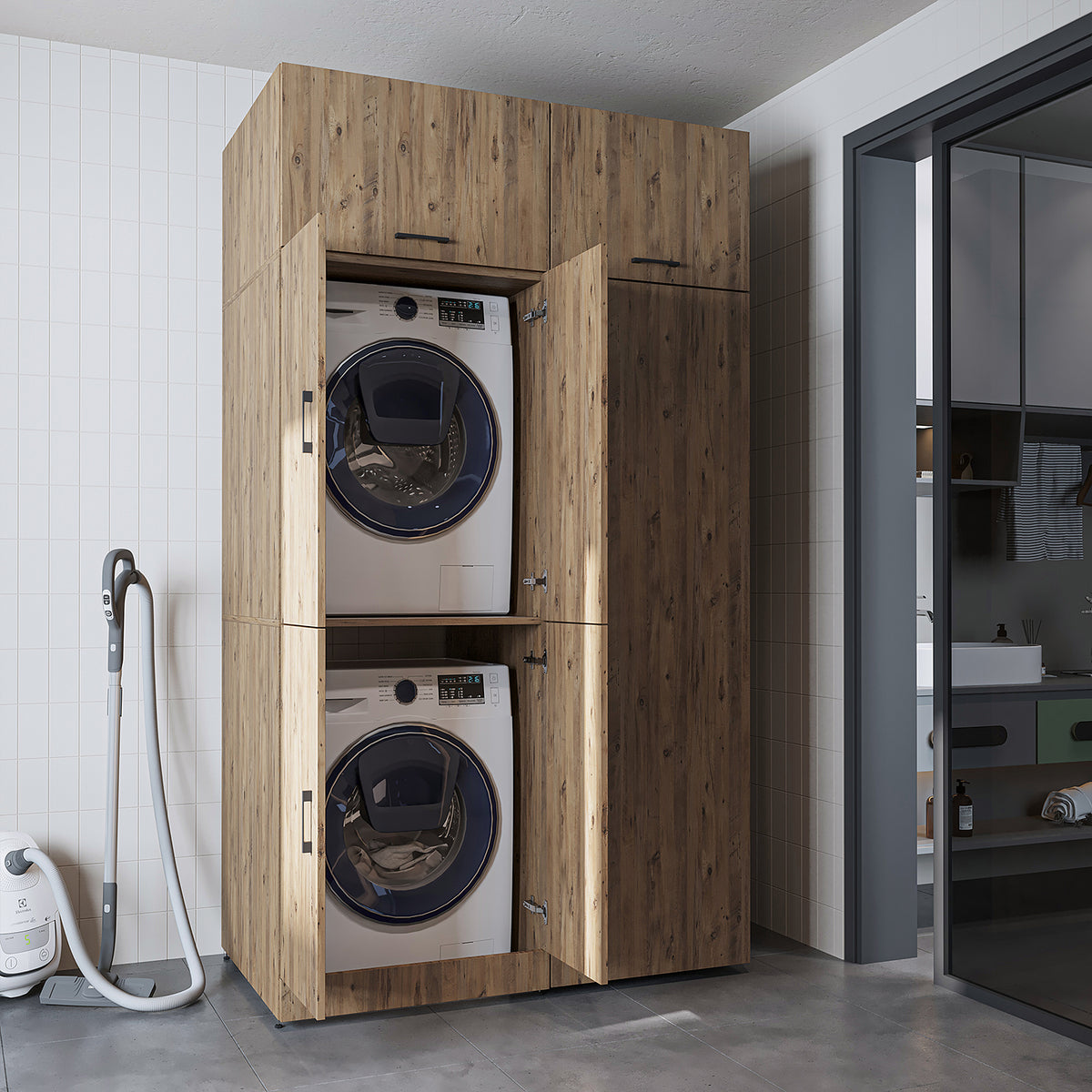 Waschmaschinenschrank DORA-II in Weiß Eiche mit Hochschrank