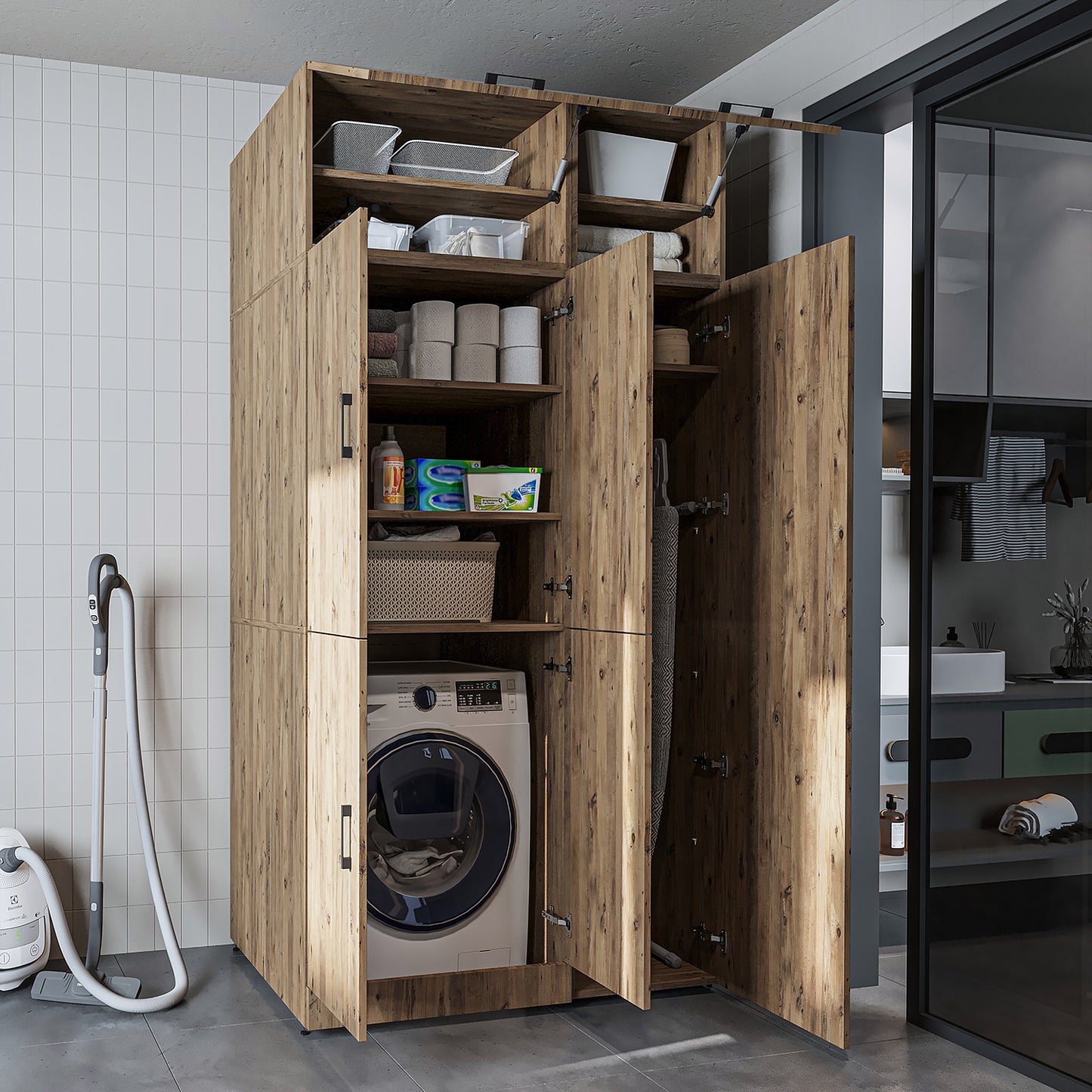 Roomart Waschmaschinenschrank „DORA 115 cm Breit“ für Waschmaschine & Trockner mit Regalböden, in 5 Farben • Weiß • Weiß Eiche • Anthrazit Eiche • Eiche • Schwarz Eiche