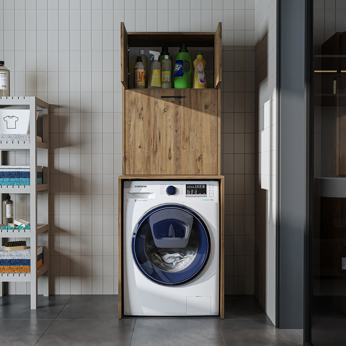 Roomart, washing machine cabinet LUNA, washing machine superstructure with laundry basket, WDH: 65 X 181 X 65 cm, in white, oak, anthracite oak, oak - washing machine cabinet, washing machine shelf, washing tower, cabinet, white, washing machines, base cabinet, washing machine, t