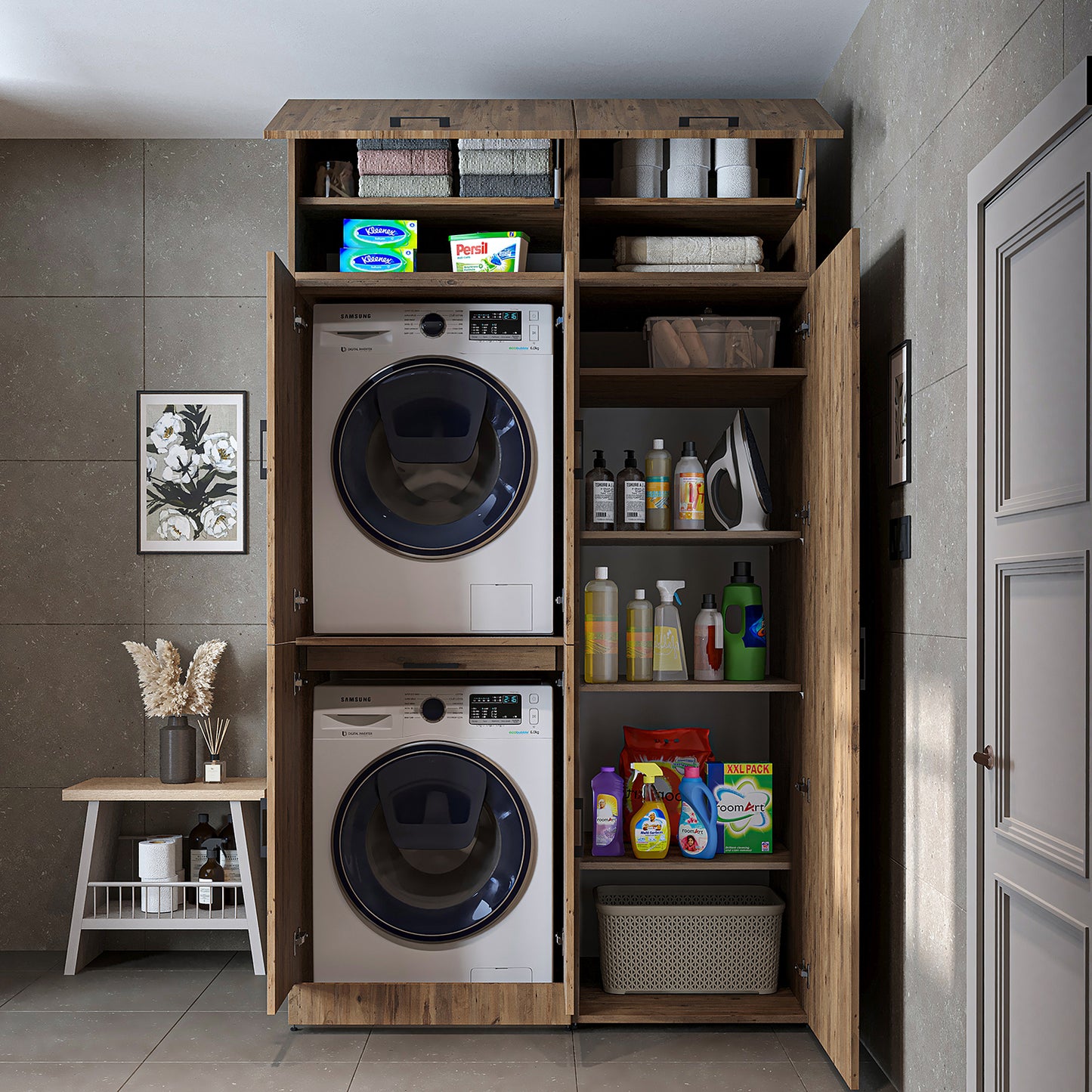 Roomart Waschmaschinenschrank " DORA SET" für Trockner & Waschmaschine, 130 cm breit, in 4 Farben, mit Türen & Ausziehbrett • Weiß • Weiß Eiche • Anthrazit Eiche • Eiche