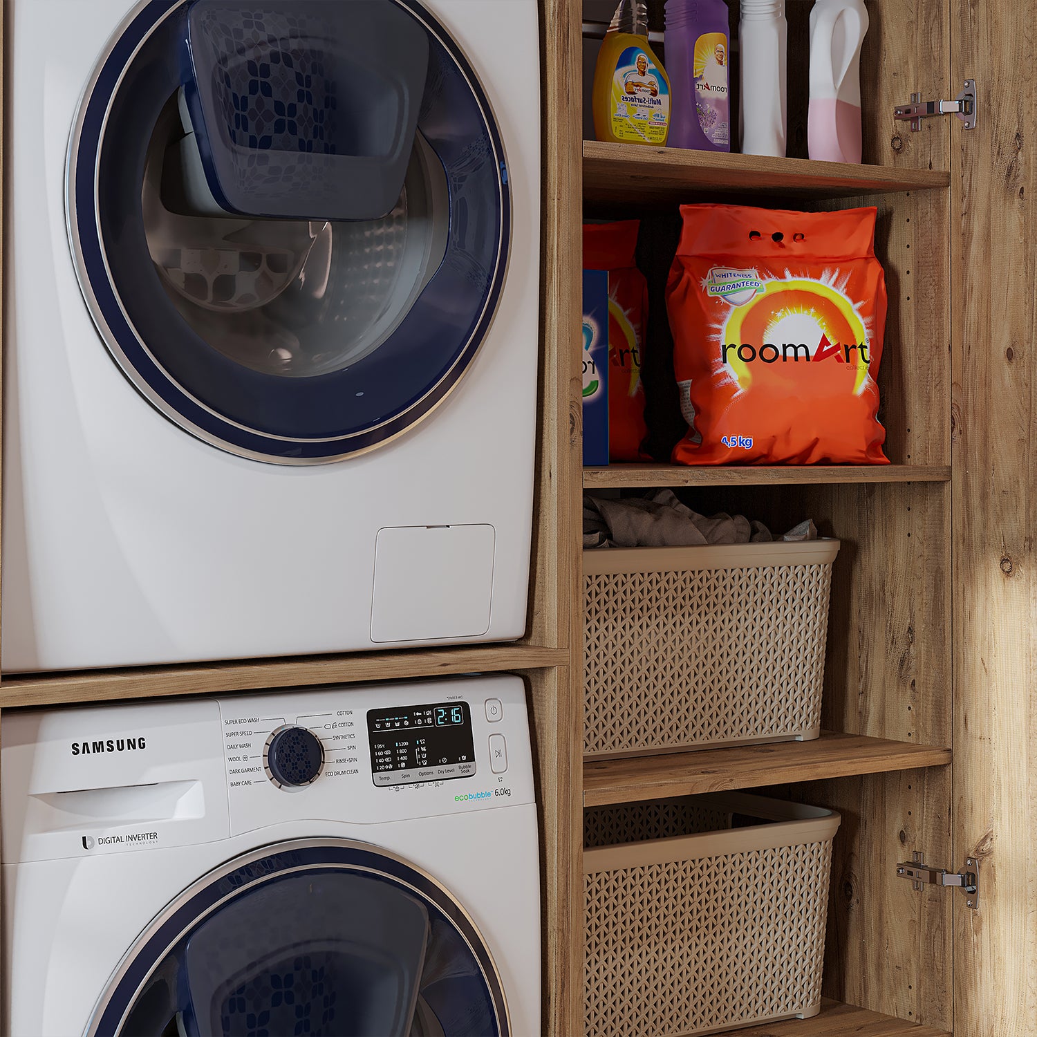 Roomart DUO Waschmaschinenschrank Trockner auf Waschmaschine • 127 cm breit • Weiß, Eiche Waschmaschinenschrank - waschmaschinenschrank, waschmaschinenregal, waschturm, schrank, weiß, waschmaschinen, unterschrank, waschmaschine, trockner, haushaltsschrank