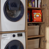 Roomart DUO Waschmaschinenschrank Trockner auf Waschmaschine • 127 cm breit • Weiß, Eiche Waschmaschinenschrank - waschmaschinenschrank, waschmaschinenregal, waschturm, schrank, weiß, waschmaschinen, unterschrank, waschmaschine, trockner, haushaltsschrank