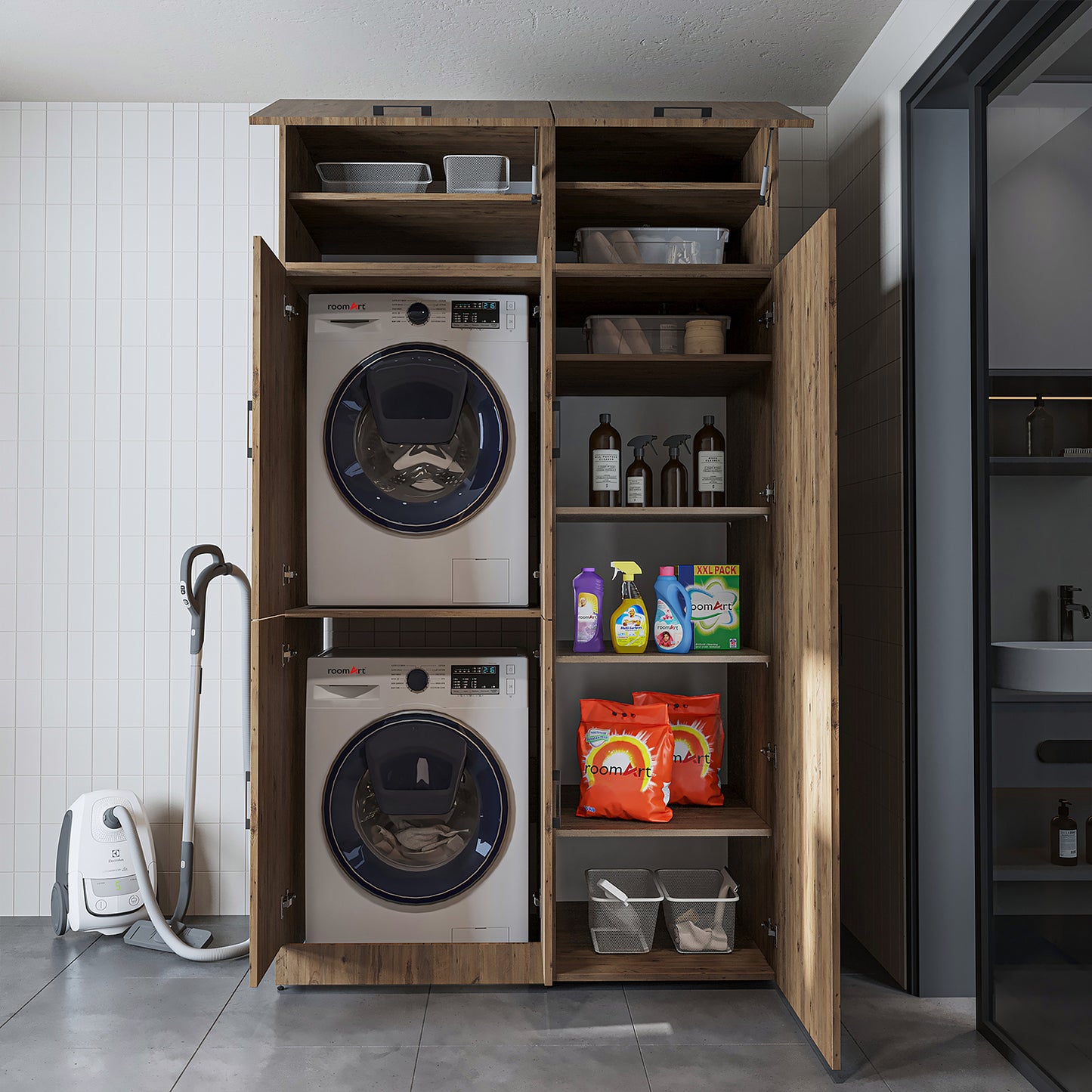 Roomart Waschmaschinenschrank - SERIE DORA 2 - 130 cm breit – Überbauschrank für Waschmaschine & Trockner mit Regalböden – Waschturm für Waschküche & Hauswirtschaftsraum – in 5 Farben • Weiß • Weiß Eiche • Anthrazit Eiche • Eiche • Schwarz Eiche