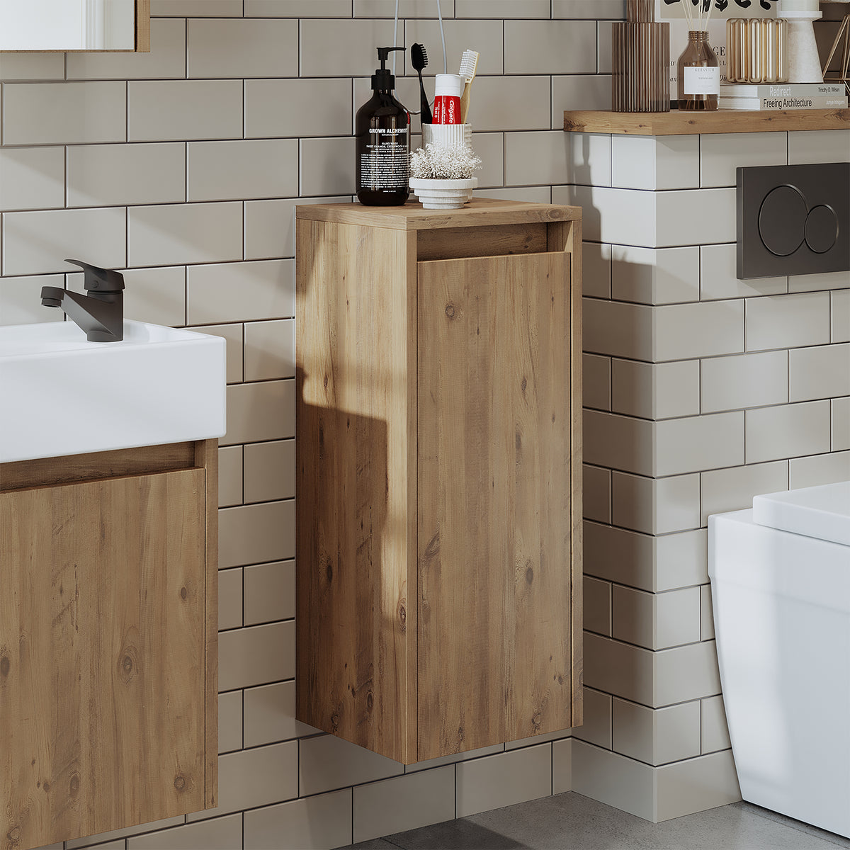 Roomart Badezimmer Seitenschrank, 30 cm, hängend mit Tür und offenem Fach, in 5 Farben