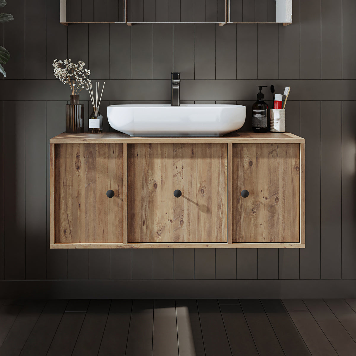 Roomart Badmöbel-Set GUSTO 105 cm, 4-teilig mit Keramik-Waschbecken und Spiegelschrank in 2 Farben