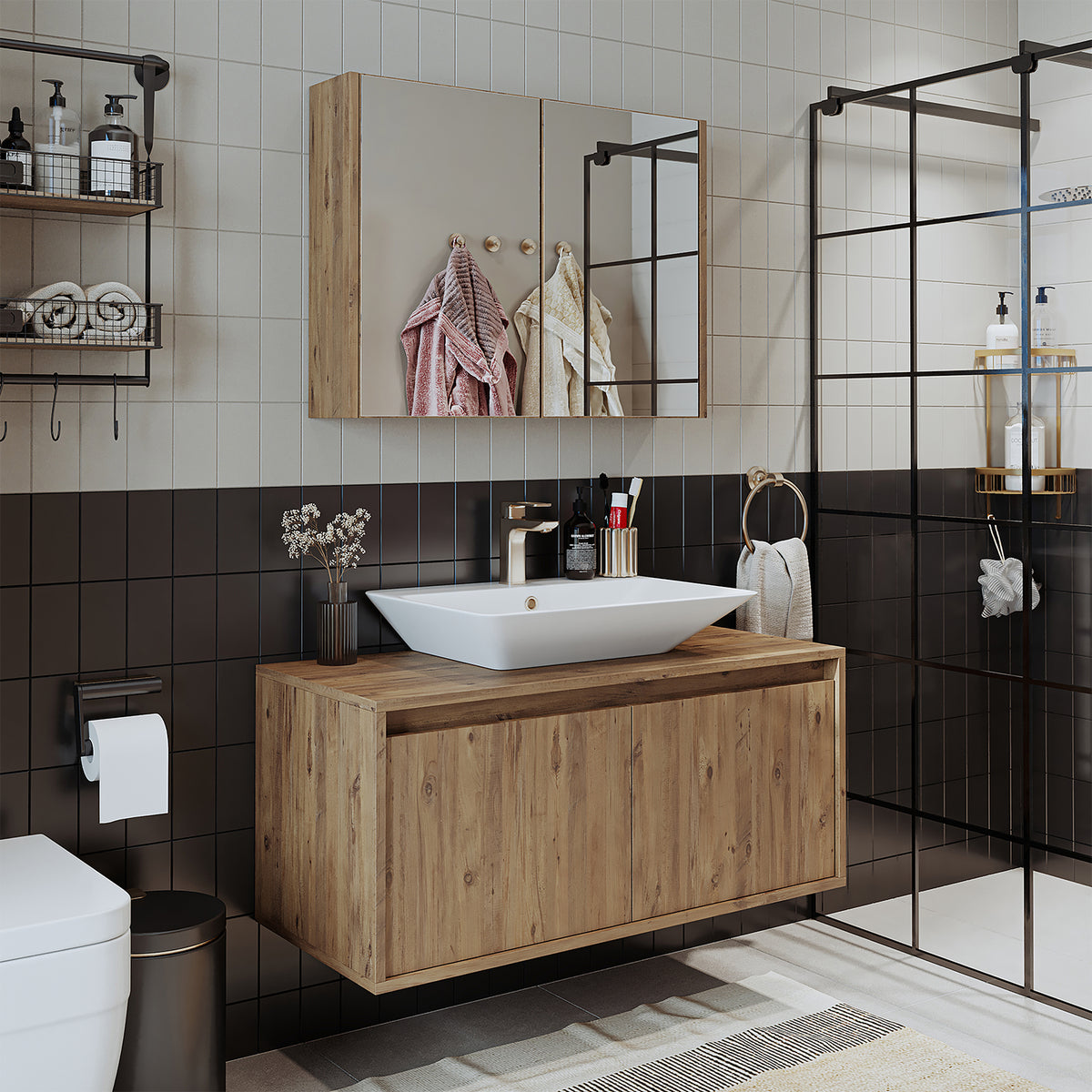 Roomart • Badmöbel Set • ATLANTIC • 3 Teilig • 100 cm Unterschrank mit Keramikwaschbecken • 80 cm Spiegelschrank- badezimmerschrank, waschbecken, badezimmermöbel, badschrank, badezimmer, mit, unterschrank, badmöbel, set, waschtisch, möbel, badezimmermãbel