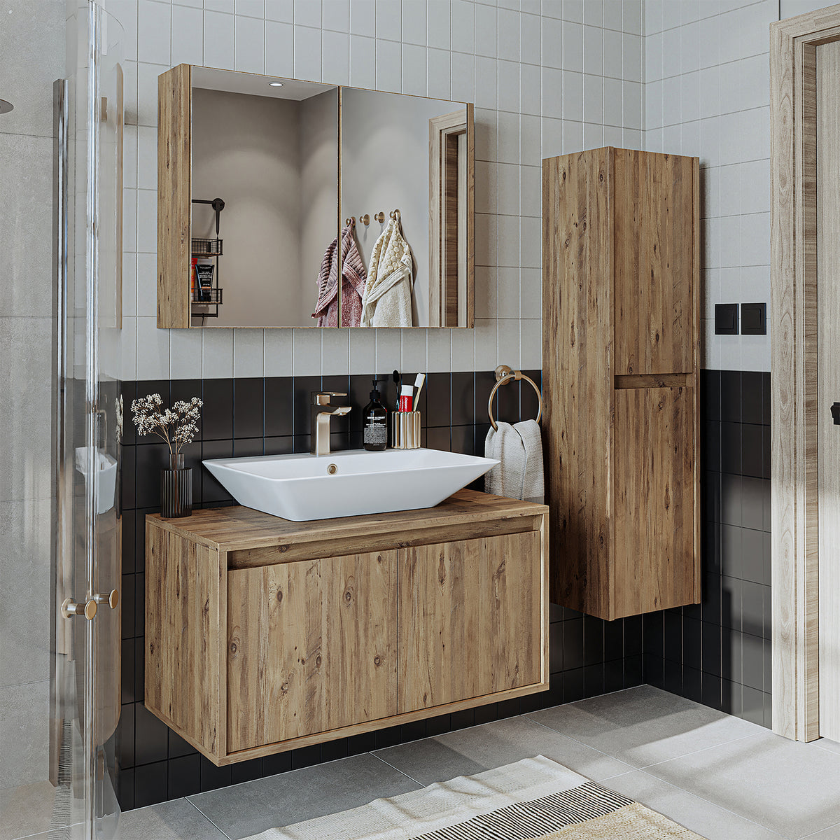 Roomart Badmöbel Set ATLANTIC 4-teilig 85 cm in 5 Farben Unterschrank mit Keramikwaschbecken • Spiegelschrank • Hochschrank - badezimmerschrank, waschbecken, badezimmermöbel, badschrank, badezimmer, mit, unterschrank, badmöbel, set, waschtisch, möbel, bad