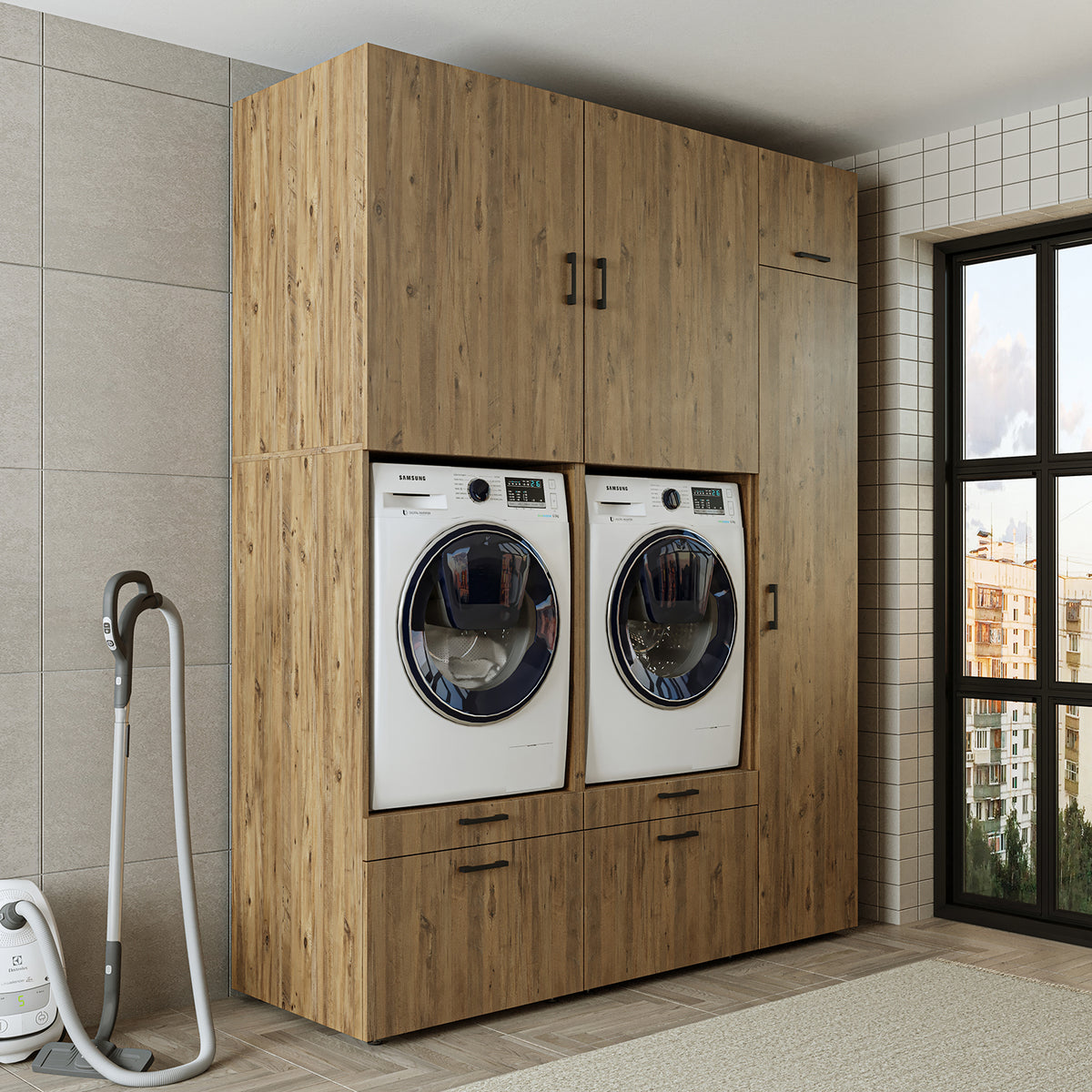 Roomart Waschmaschinenschrank SERIE 2, Doppelschrank mit Ausziehbrettern und Hochschrank, in 3 Farben