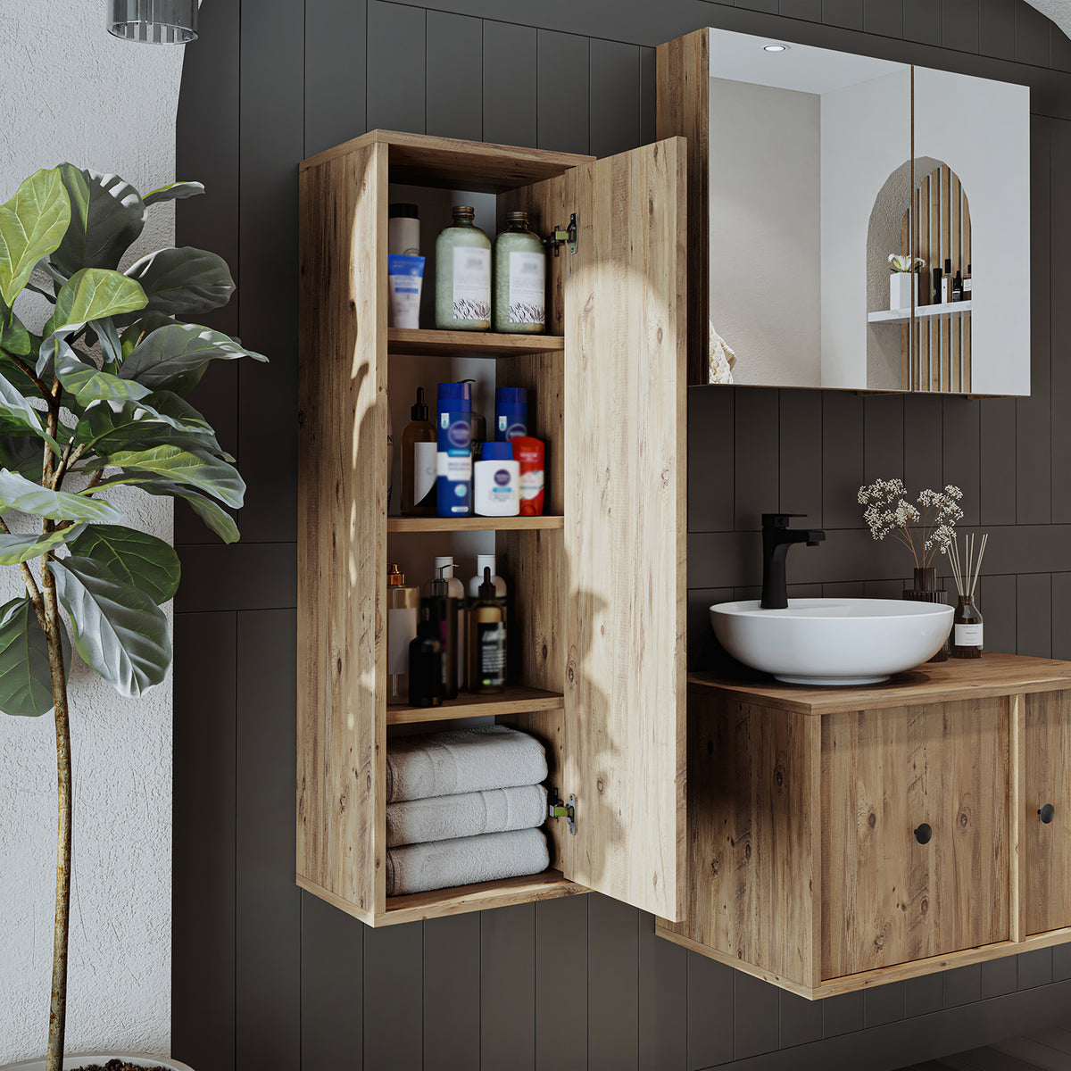 Roomart Badmöbel-Set GUSTO 105 cm, 4-teilig mit Keramik-Waschbecken und Spiegelschrank in 2 Farben