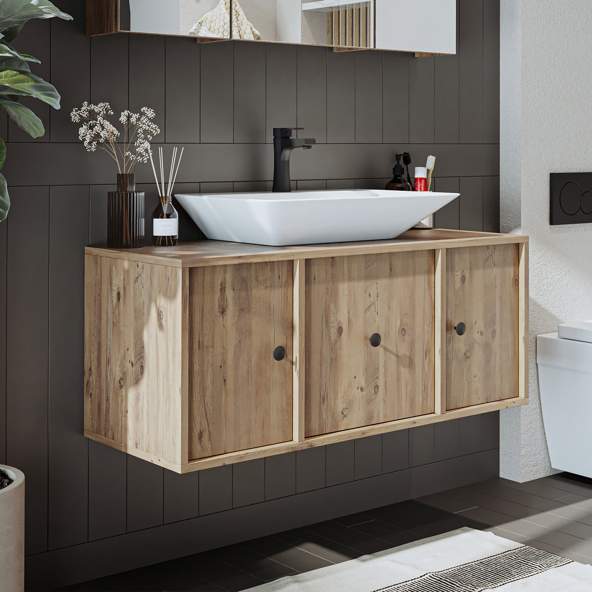 Roomart Badmöbel-Set GUSTO-ATL 105 cm, 4-teilig mit Keramik-Waschbecken und Spiegelschrank