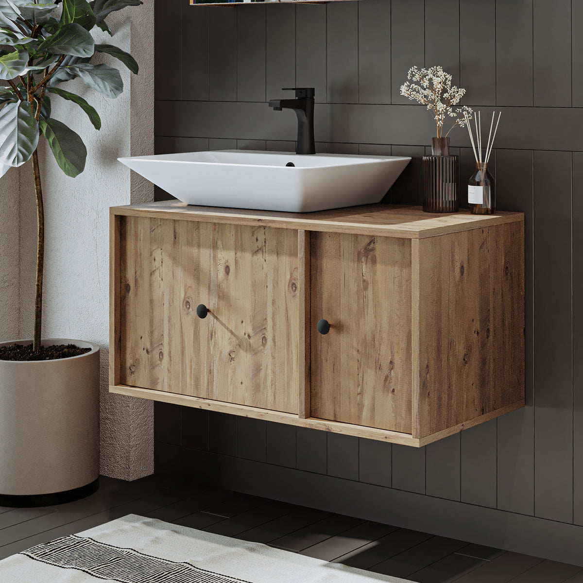 Roomart Badezimmermöbel GUSTO-ATL 90 cm – Keramik Waschbecken &/oder Unterschrank – Modernes Design – Varianten wählbar – Eiche oder Weiß - badezimmerschrank, waschbecken, badezimmermöbel, badschrank, badezimmer, mit, unterschrank, badmöbel, set, waschtis