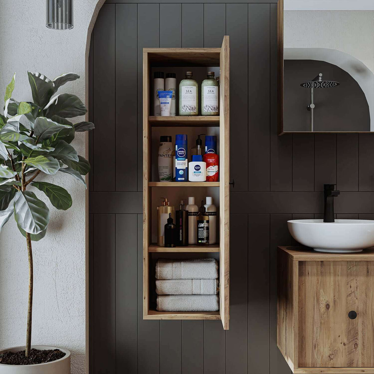 Roomart Badezimmermöbel Set GUSTO-ATL 120 cm 4 Teilig mit Keramik Waschbecken- badezimmerschrank, waschbecken, badezimmermöbel, badschrank, badezimmer, mit, unterschrank, badmöbel, set, waschtisch, möbe