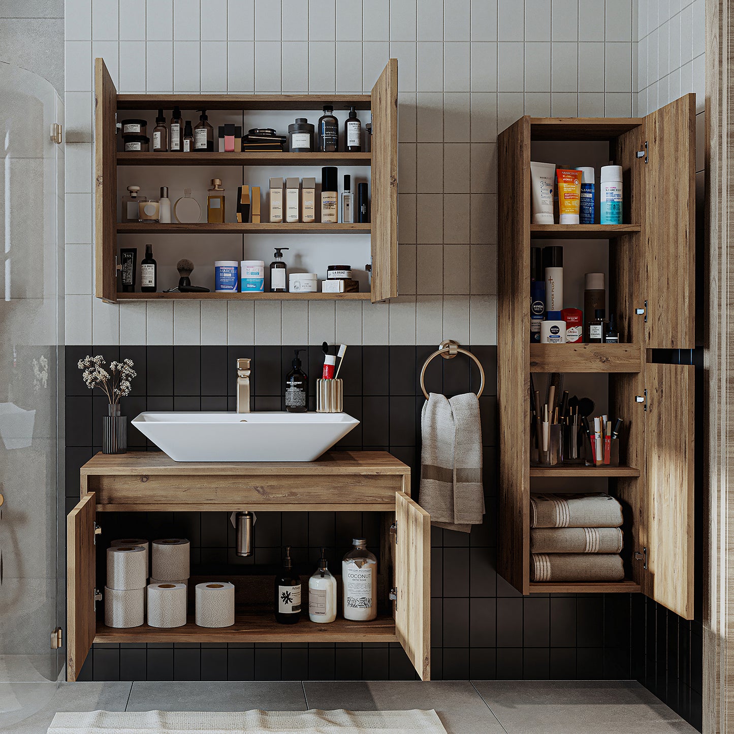 Roomart juego de muebles de baño ATLANTIC 4 piezas 85 cm en 5 colores mueble con lavabo de cerámica - armario con espejo - armario alto - mueble de baño, lavabo, muebles de baño, mueble de baño, baño, con, mueble con lavabo, mueble de baño, juego, lavabo, mueble, baño