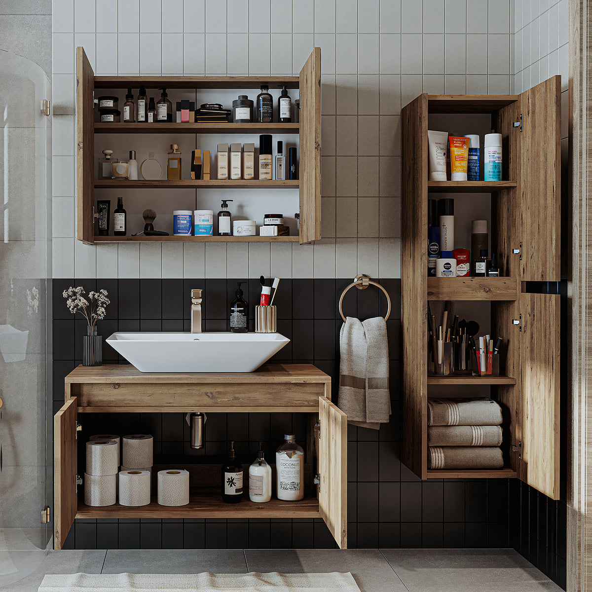 Roomart Badmöbel Set ATLANTIC 4-teilig 85 cm in 5 Farben Unterschrank mit Keramikwaschbecken • Spiegelschrank • Hochschrank - badezimmerschrank, waschbecken, badezimmermöbel, badschrank, badezimmer, mit, unterschrank, badmöbel, set, waschtisch, möbel, bad