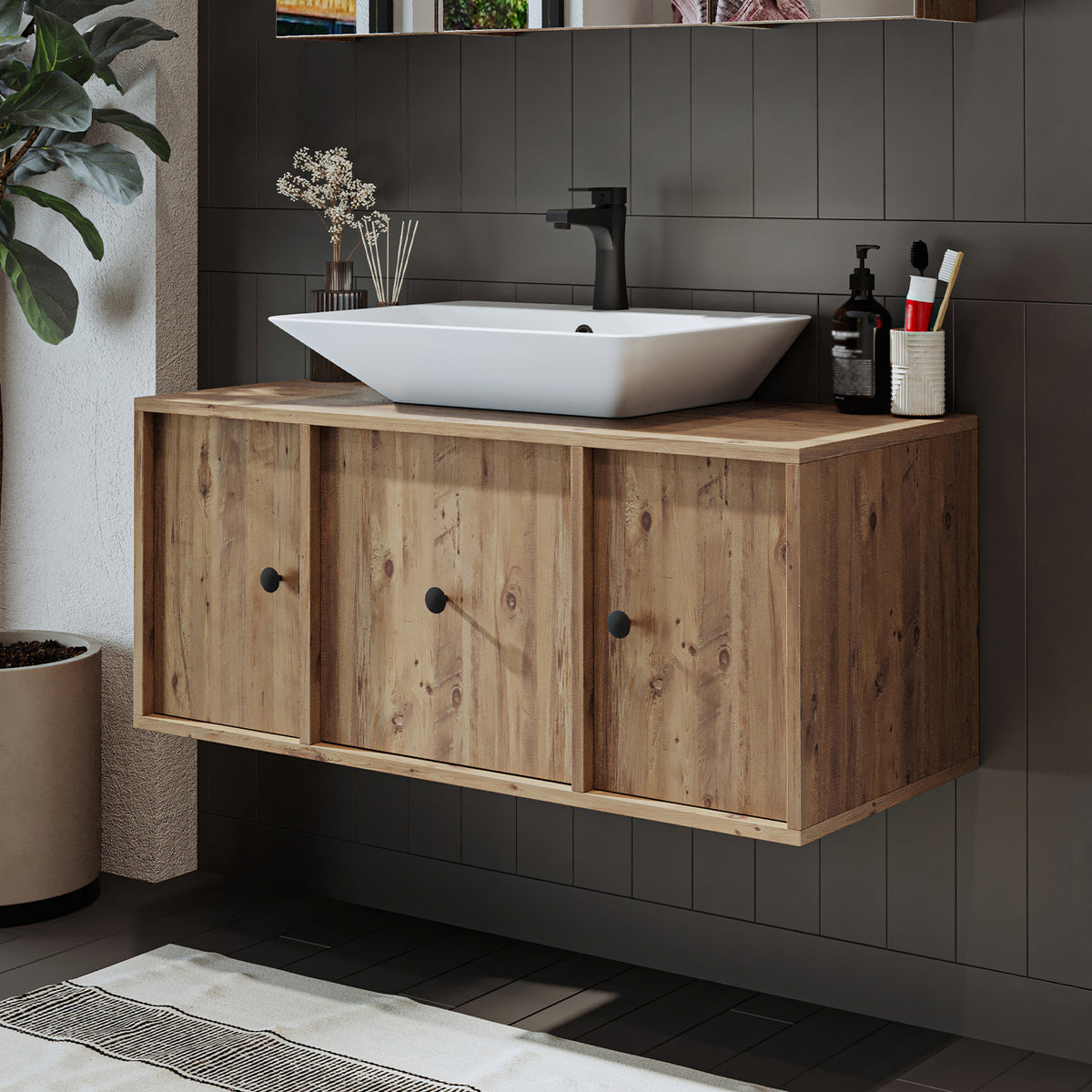 Roomart Badmöbel-Set GUSTO-ATL 105 cm, 4-teilig mit Keramik-Waschbecken und Spiegelschrank