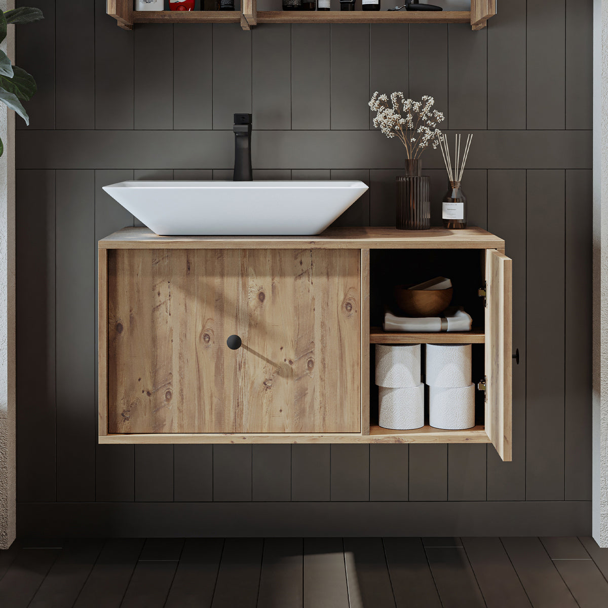 Roomart Badezimmermöbel GUSTO-ATL 90 cm – Keramik Waschbecken &/oder Unterschrank – Modernes Design – Varianten wählbar – Eiche oder Weiß - badezimmerschrank, waschbecken, badezimmermöbel, badschrank, badezimmer, mit, unterschrank, badmöbel, set, waschtis