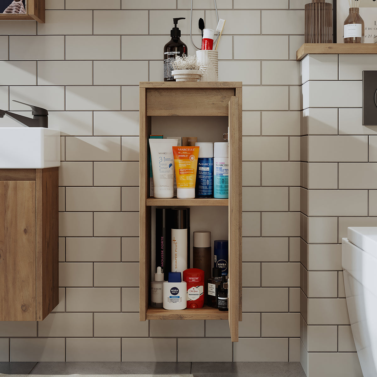 Roomart Badezimmer Seitenschrank, 30 cm, hängend mit Tür und offenem Fach, in 5 Farben