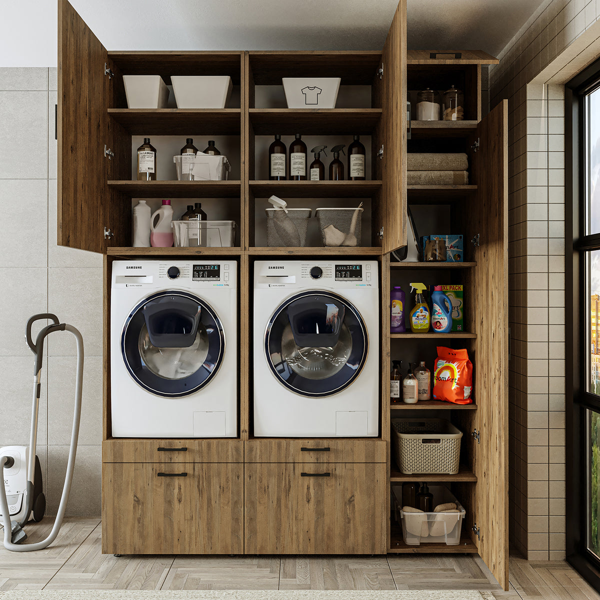 Roomart Waschmaschinenschrank SERIE 2, Doppelschrank mit Ausziehbrettern und Hochschrank, in 3 Farben