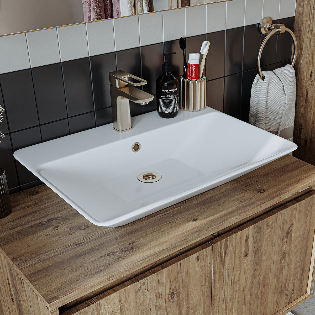 Roomart Badmöbel Set ATLANTIC 4-teilig 85 cm in 5 Farben Unterschrank mit Keramikwaschbecken • Spiegelschrank • Hochschrank - badezimmerschrank, waschbecken, badezimmermöbel, badschrank, badezimmer, mit, unterschrank, badmöbel, set, waschtisch, möbel, bad
