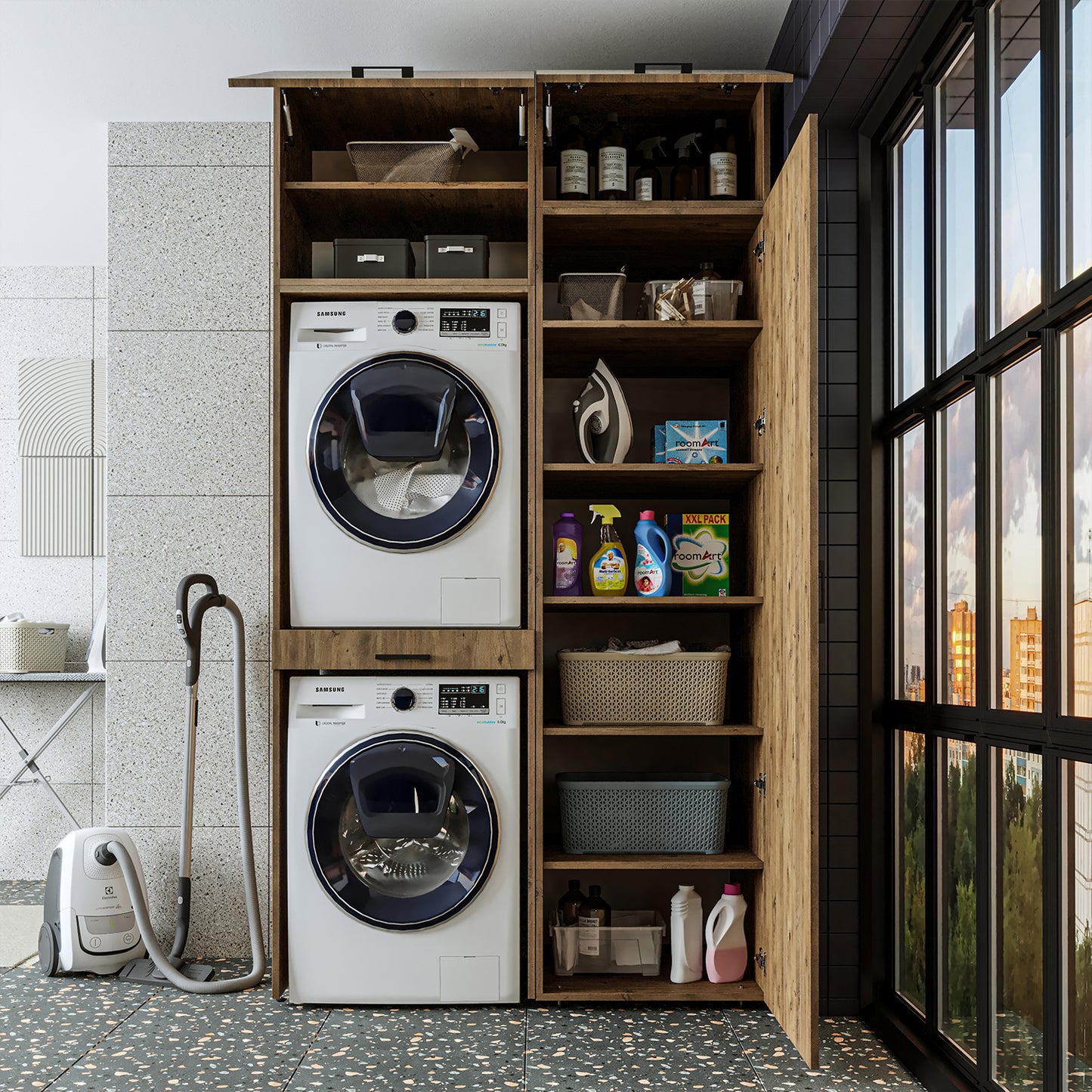 Sèche-linge mural Roomart sur lave-linge • 127 cm de large • Blanc • Chêne noir