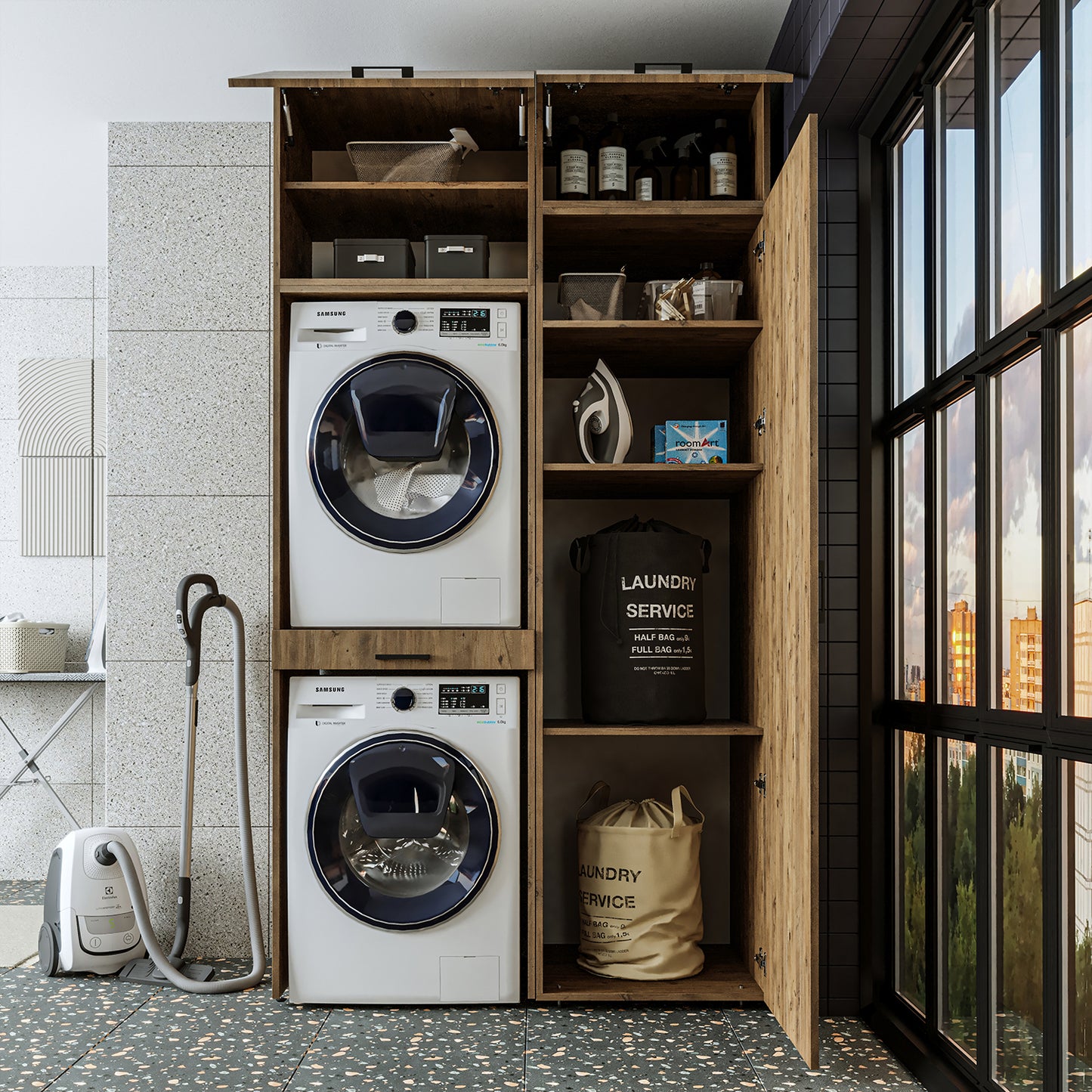 Sèche-linge mural Roomart sur lave-linge • 127 cm de large • Blanc • Chêne noir