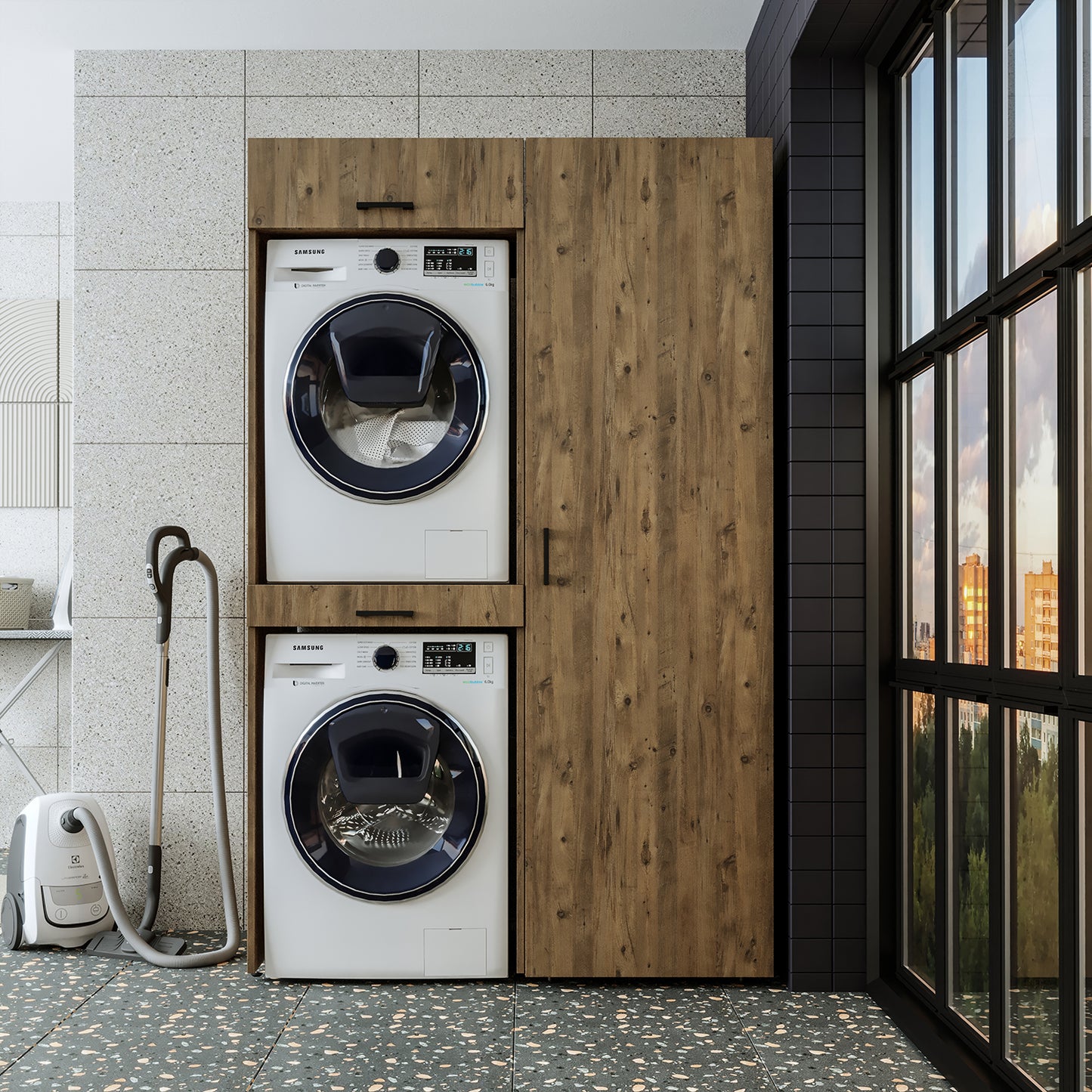 Sèche-linge mural Roomart sur lave-linge • 127 cm de large • Blanc • Chêne noir