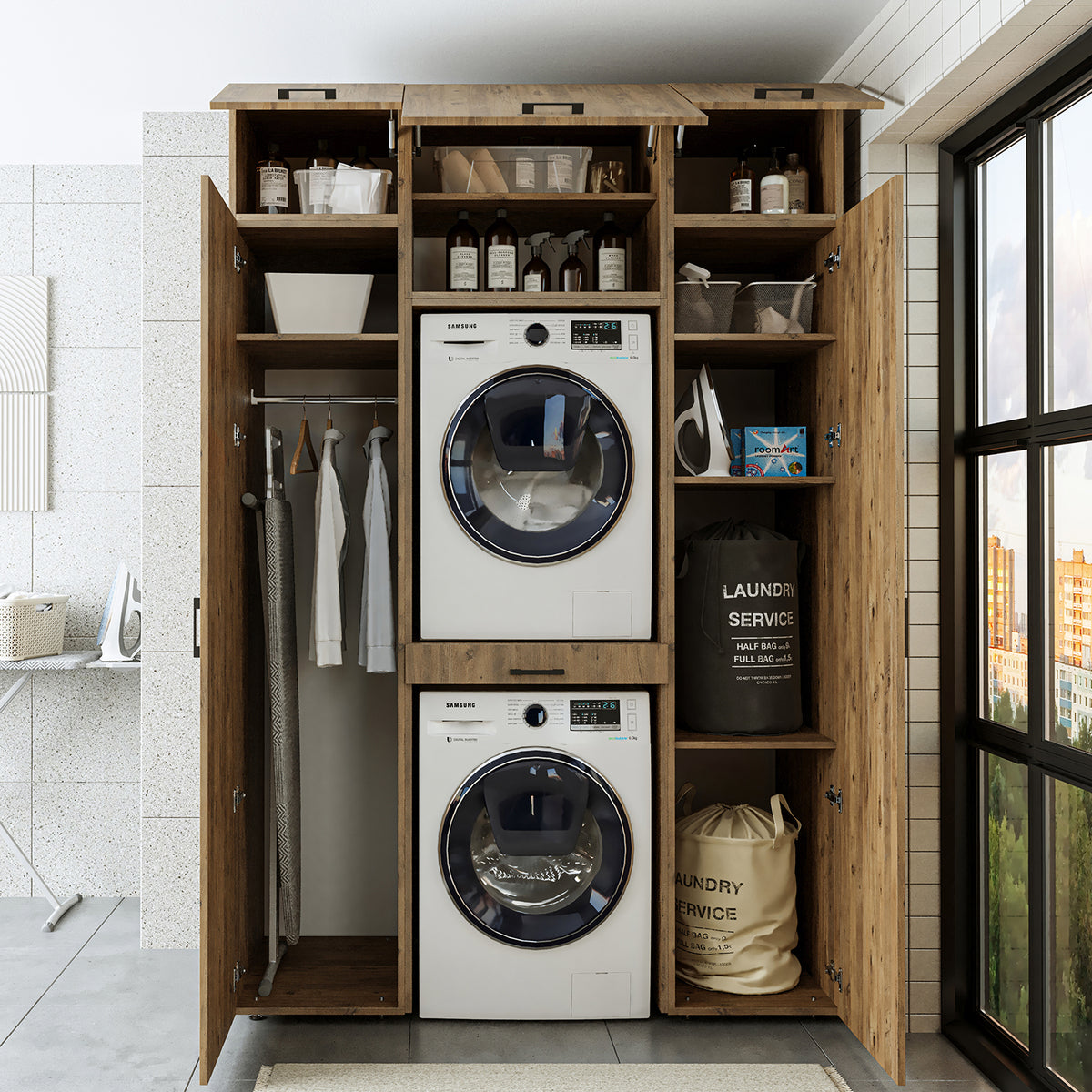 Roomart Waschmaschinenschrank 157 cm, für 2 Geräte mit 2 Hochschränken, in 3 Farben