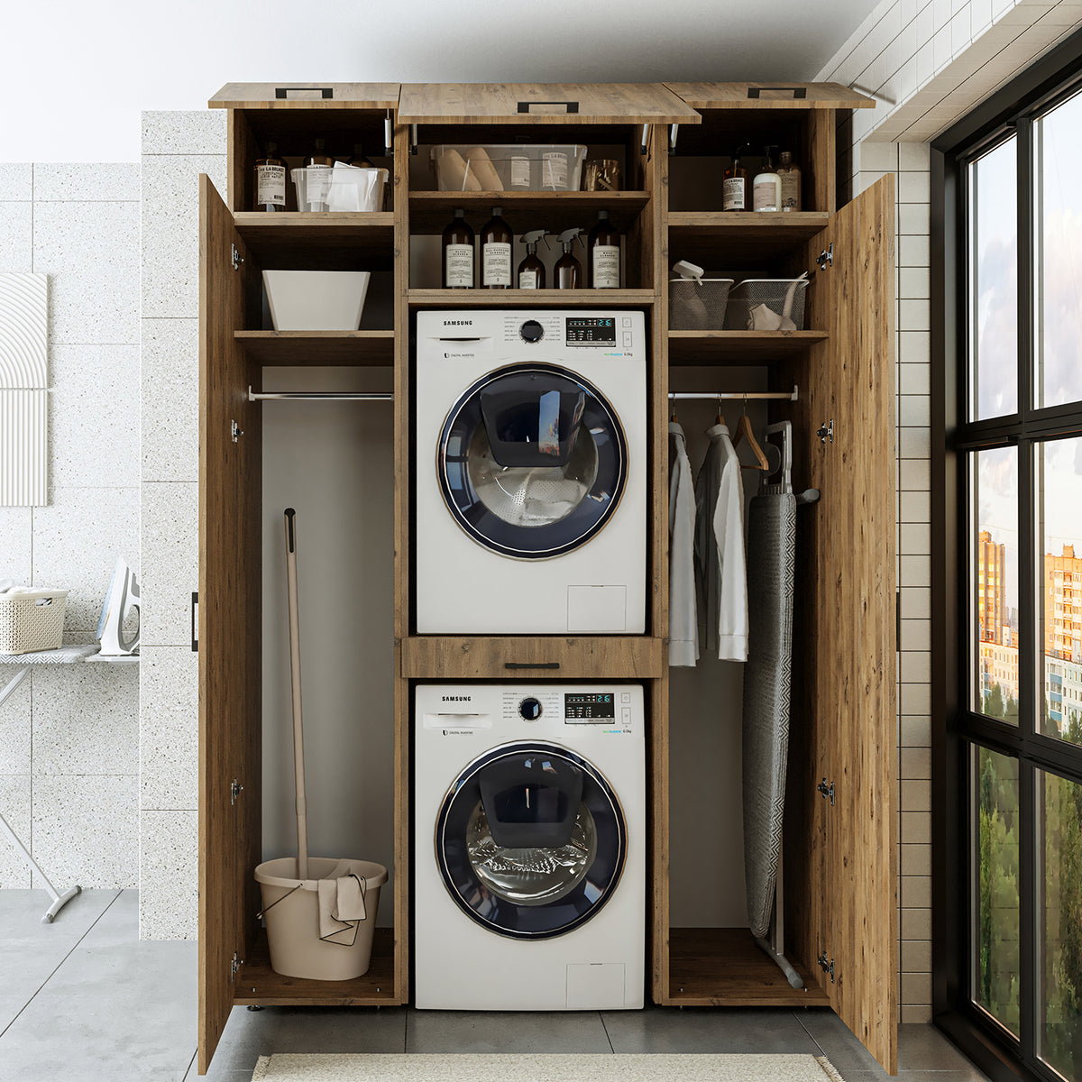 Roomart Waschmaschinenschrank 157 cm, für 2 Geräte mit 2 Hochschränken, in 3 Farben