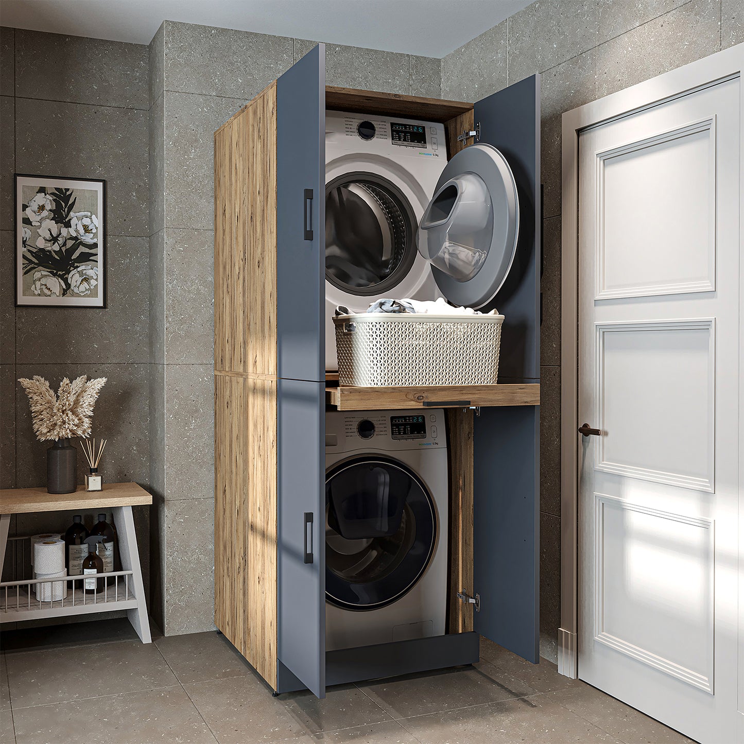 Roomart Waschmaschinenschrank " DORA " für Trockner & Waschmaschine, in 4 Farben, mit Türen & Ausziehbrett • Weiß • Weiß Eiche • Anthrazit Eiche • Eiche - waschmaschinenschrank, waschmaschinenregal, waschturm, schrank, weiß, waschmaschinen, unterschrank,