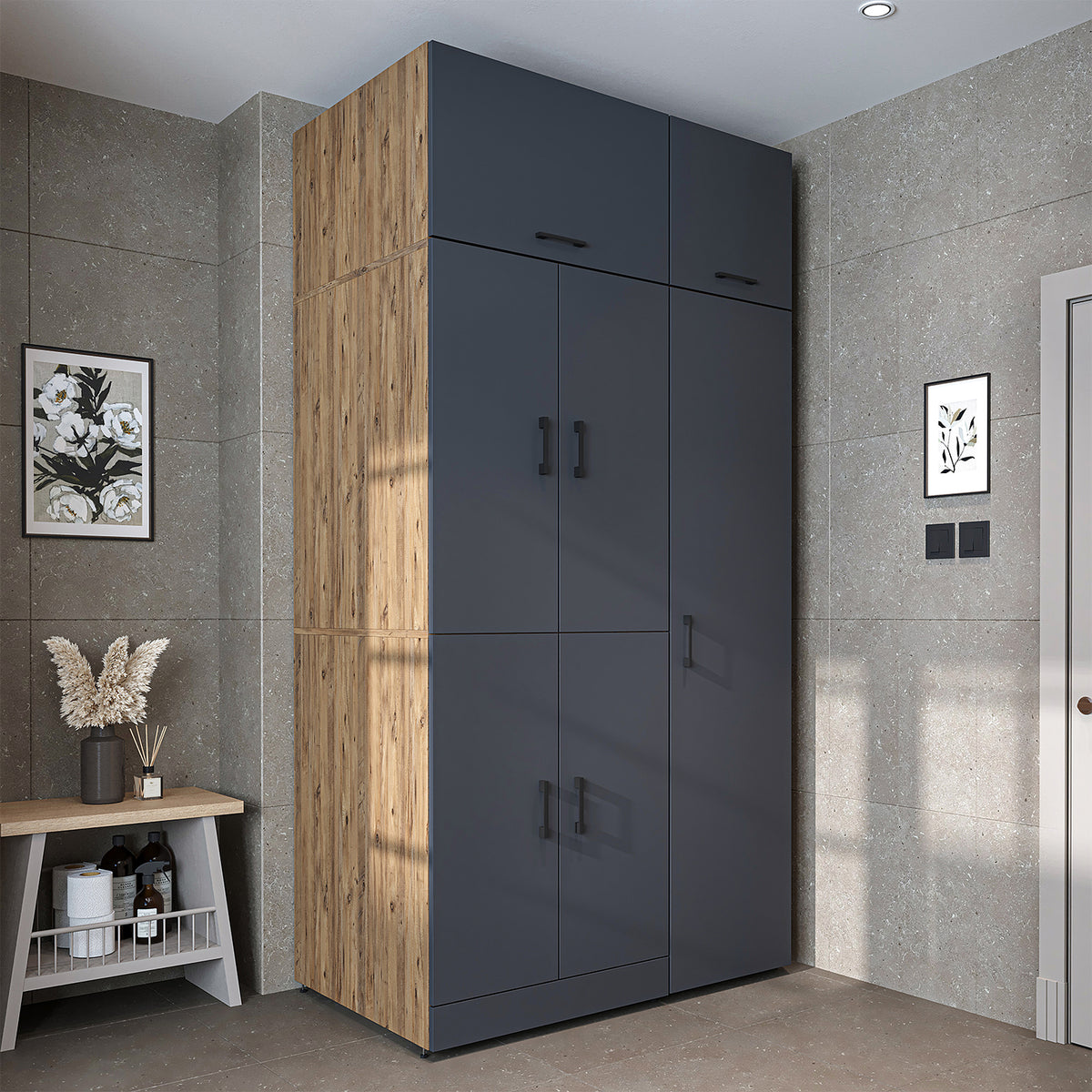 Armadio per lavatrice "DORA SET" per asciugatrice e lavatrice, larghezza 115 cm, in 4 colori, con ante e ripiano estraibile - bianco - rovere bianco - rovere antracite - rovere - armadio per lavatrice, scaffale per lavatrice, torre per lavatrice, armadio, bianco, lavatrice