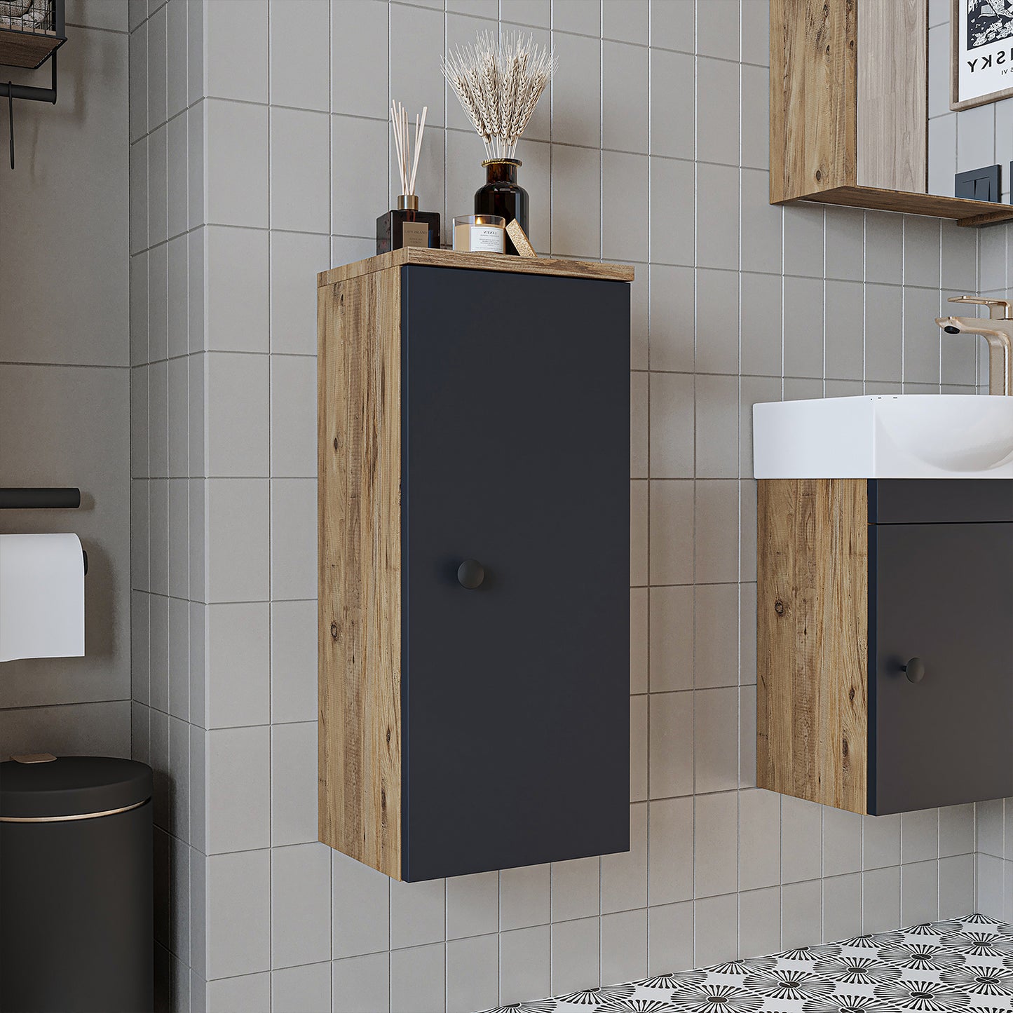 Roomart armario lateral "Punto" - moderno, compacto armario de pared para baño de 70 cm con cierre suave - en blanco, roble blanco, roble o roble antracita - armario de pared, pared, armario alto, armario alto blanco, 60 cm de ancho, cocina, lavadero, salón, estrecho, 40 cm de ancho