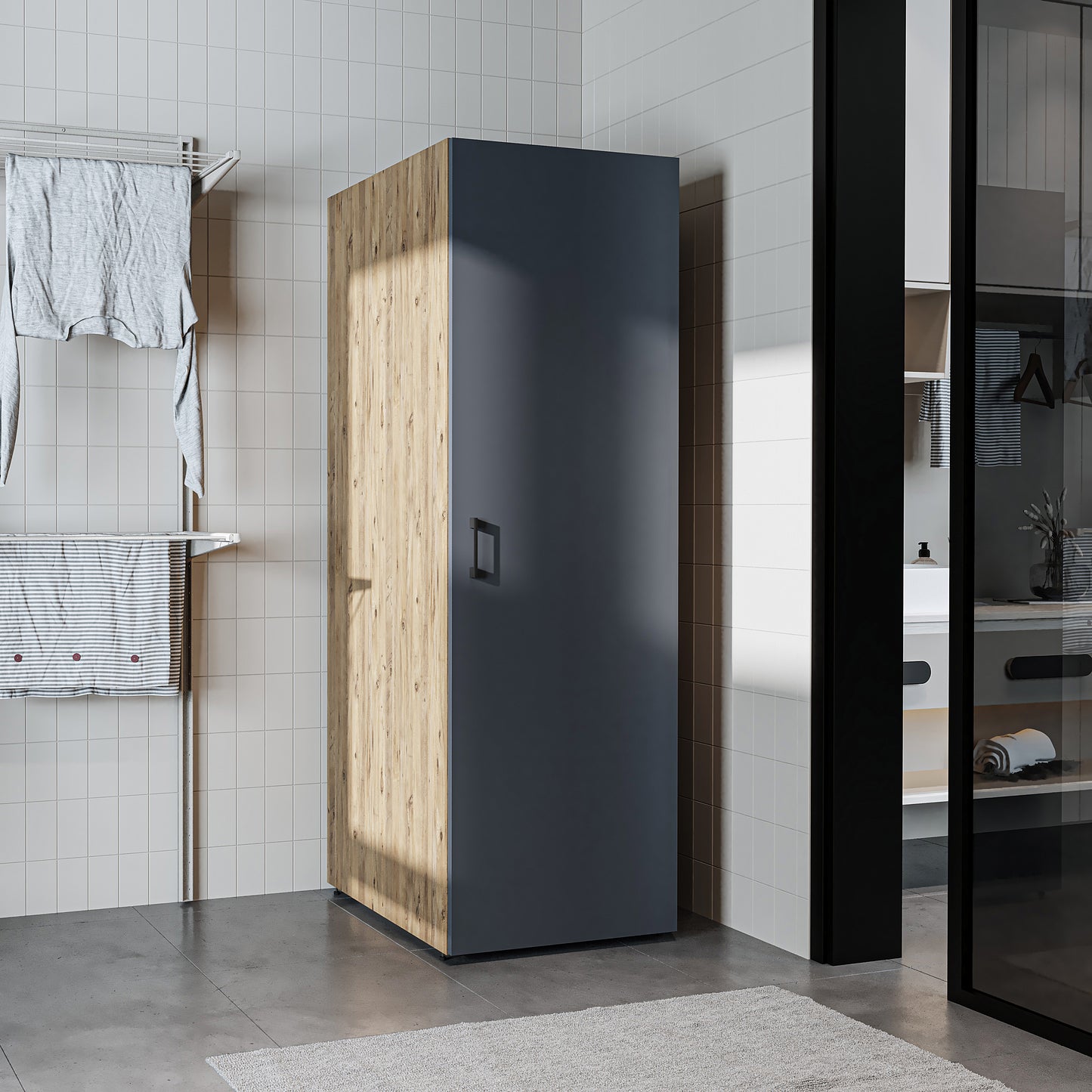 Roomart • DORA Hochschrank 60cm Breit • Weiß • Weiß Eiche • Eiche • Anthracit Eiche - waschmaschinenschrank, waschmaschinenregal, waschturm, schrank, weiß, waschmaschinen, unterschrank, waschmaschine, trockner, haushaltsschrank, schränke, badschrank, hoch