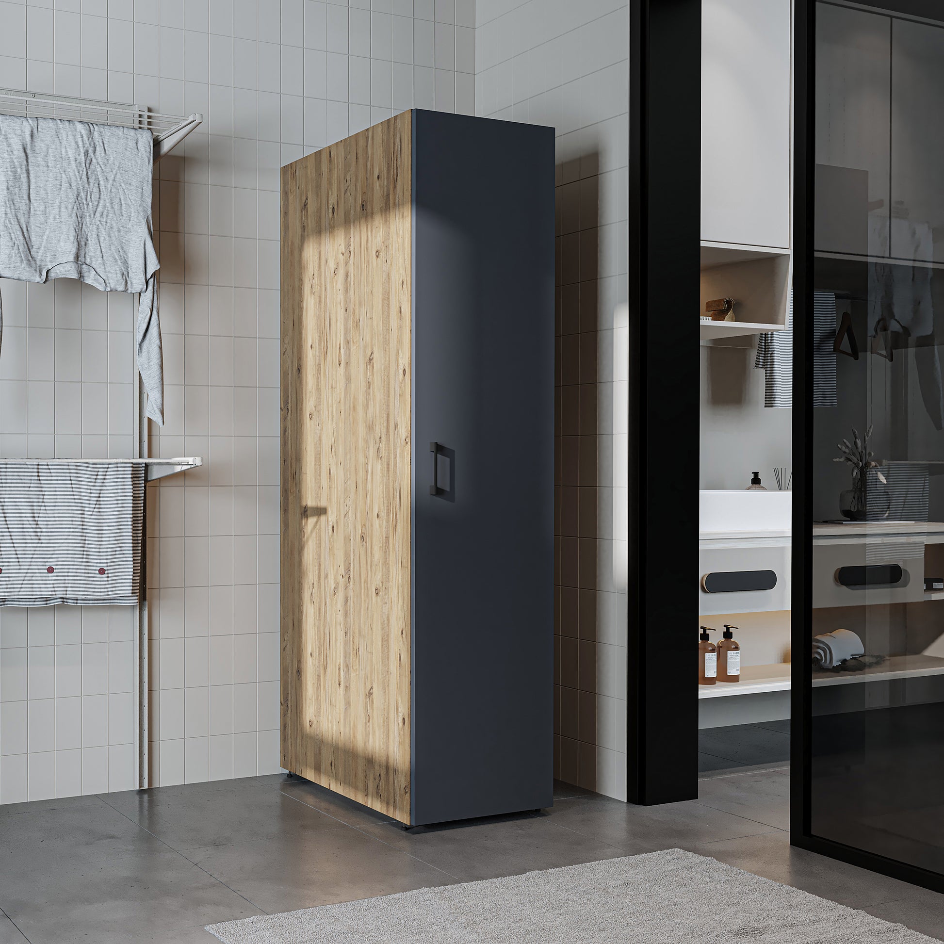 Roomart - DORA Armario alto 45cm ancho - Blanco - Roble blanco - Roble - Roble antracita - armario lavadora, estante lavadora, torre lavadora, armario, blanco, lavadoras, armario bajo, lavadora, secadora, armario hogar, armarios, armario baño, alto