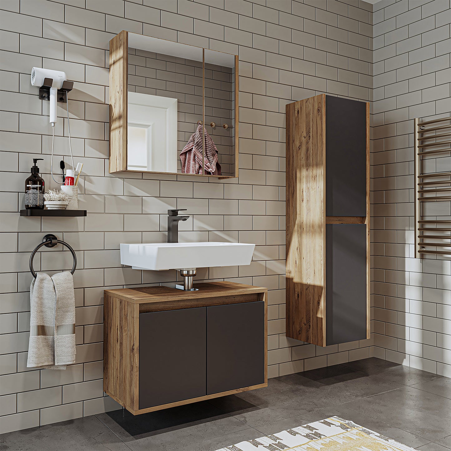 Roomart juego de muebles de baño MELONA 3 piezas, en 4 colores, mueble lavabo 65cm - mueble con espejo - mueble alto- muebles de baño, juego, lavabo, lavabo, baño, muebles, muebles de baño, baño, mueble lavabo, cm, ancho, moderno, lavabo, profundo, con, mueble lavabo