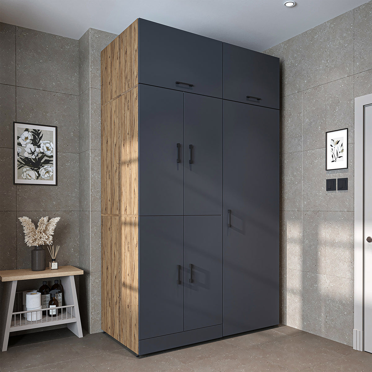 Armadio per lavatrice "DORA SET" per asciugatrice e lavatrice, larghezza 130 cm, in 4 colori, con ante e ripiano estraibile - bianco - rovere bianco - rovere antracite - rovere - armadio per lavatrice, scaffale per lavatrice, torre per lavatrice, armadio, bianco, lavatrice